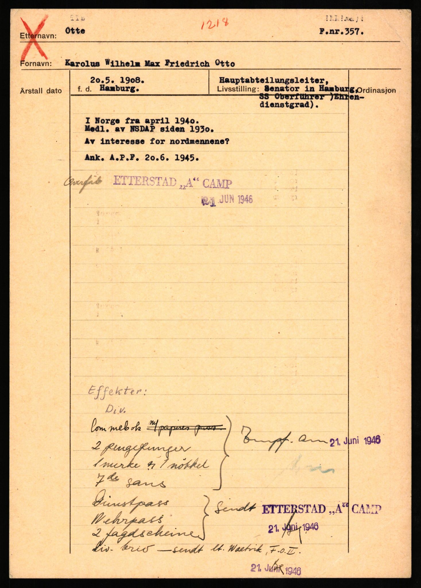 Forsvaret, Forsvarets overkommando II, AV/RA-RAFA-3915/D/Db/L0025: CI Questionaires. Tyske okkupasjonsstyrker i Norge. Tyskere., 1945-1946, p. 259