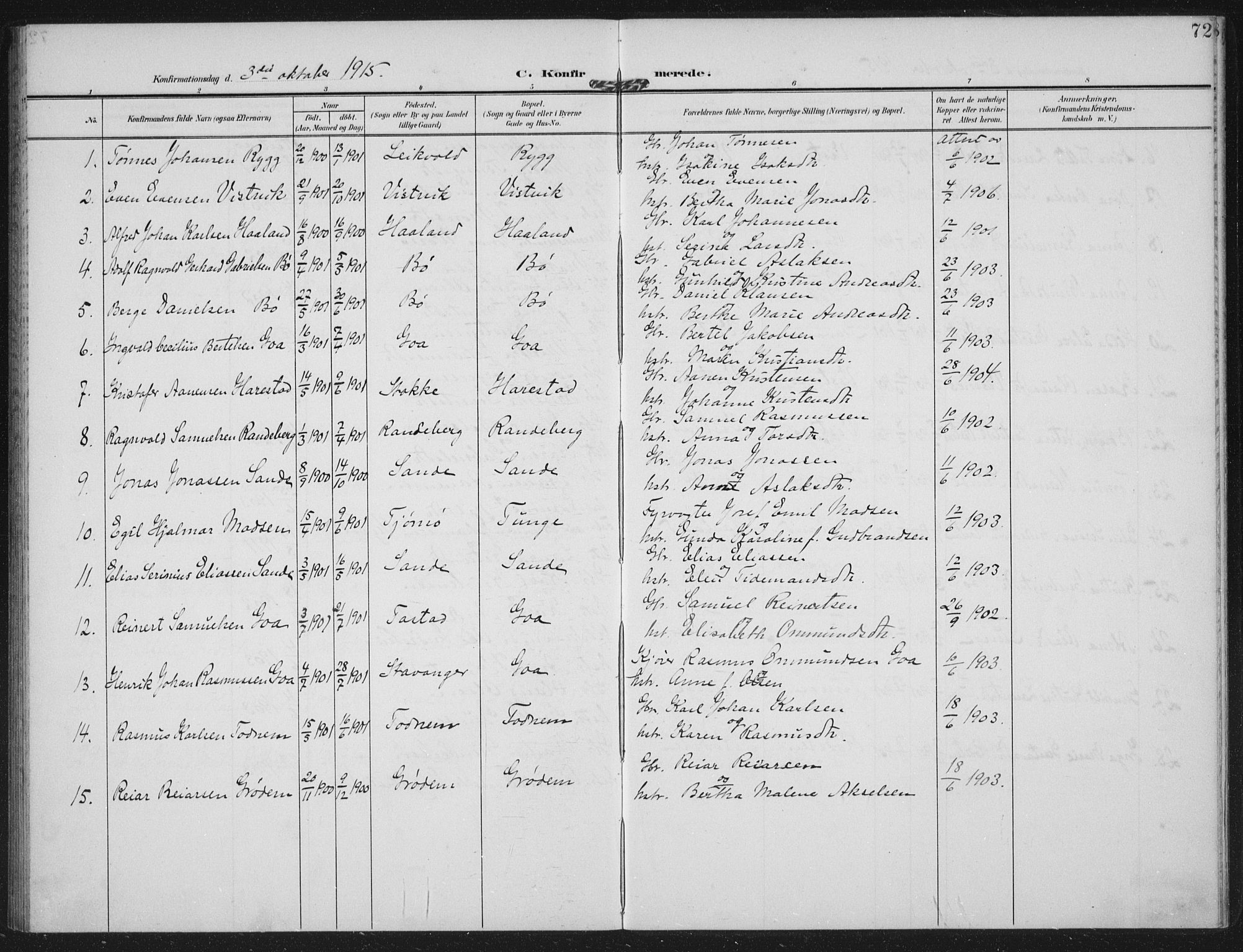 Hetland sokneprestkontor, AV/SAST-A-101826/30/30BA: Parish register (official) no. A 14, 1905-1919, p. 72
