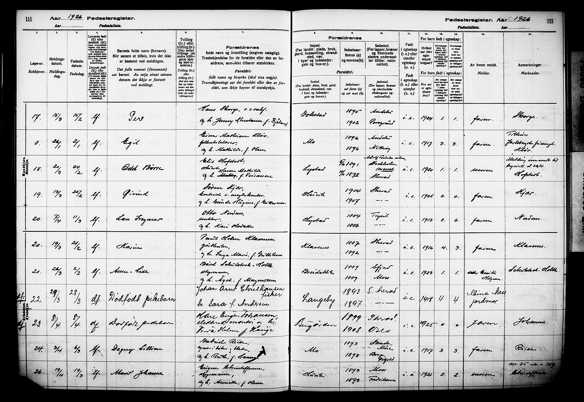 Sandar kirkebøker, SAKO/A-243/J/Ja/L0002: Birth register no. 2, 1922-1929, p. 111