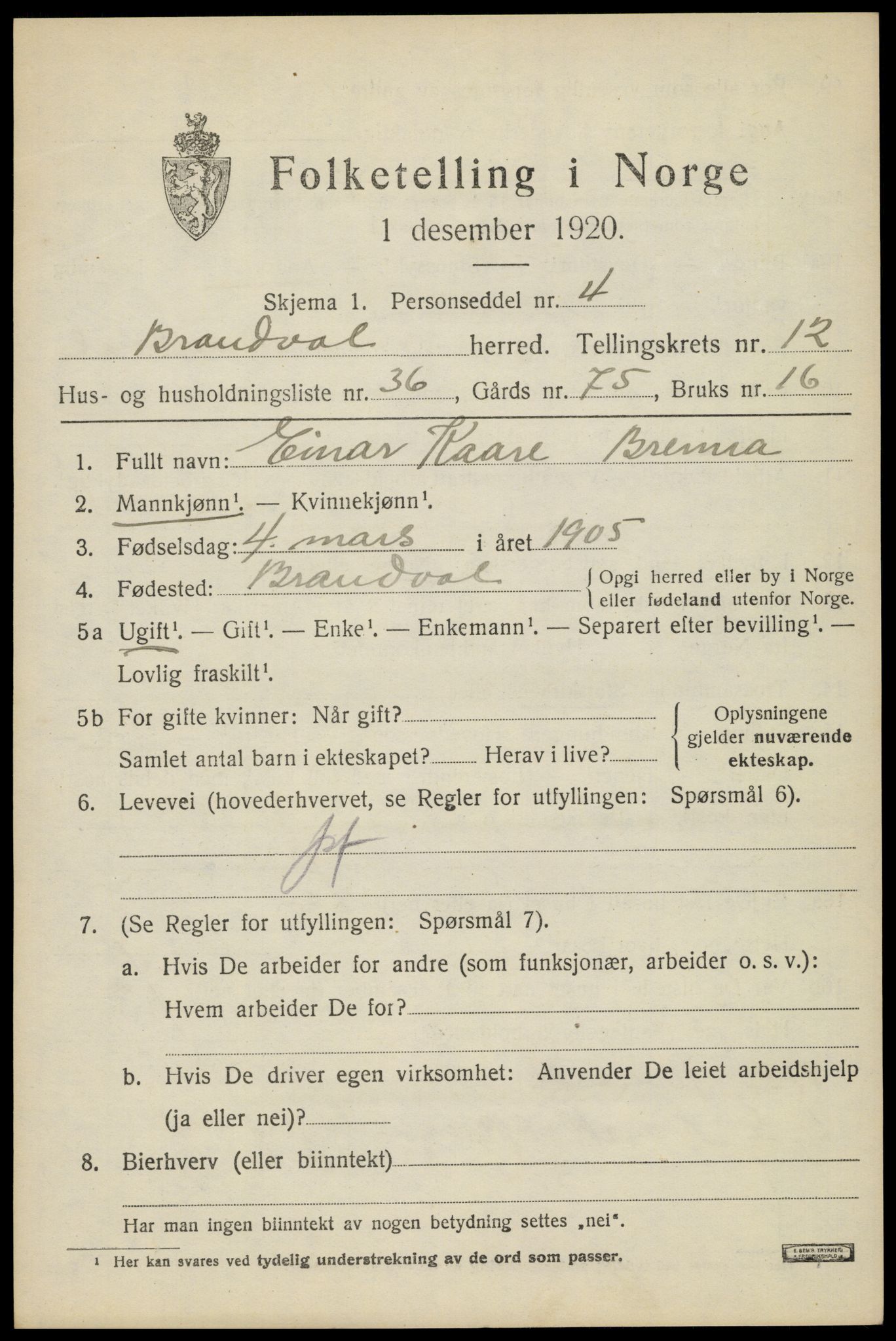 SAH, 1920 census for Brandval, 1920, p. 8856