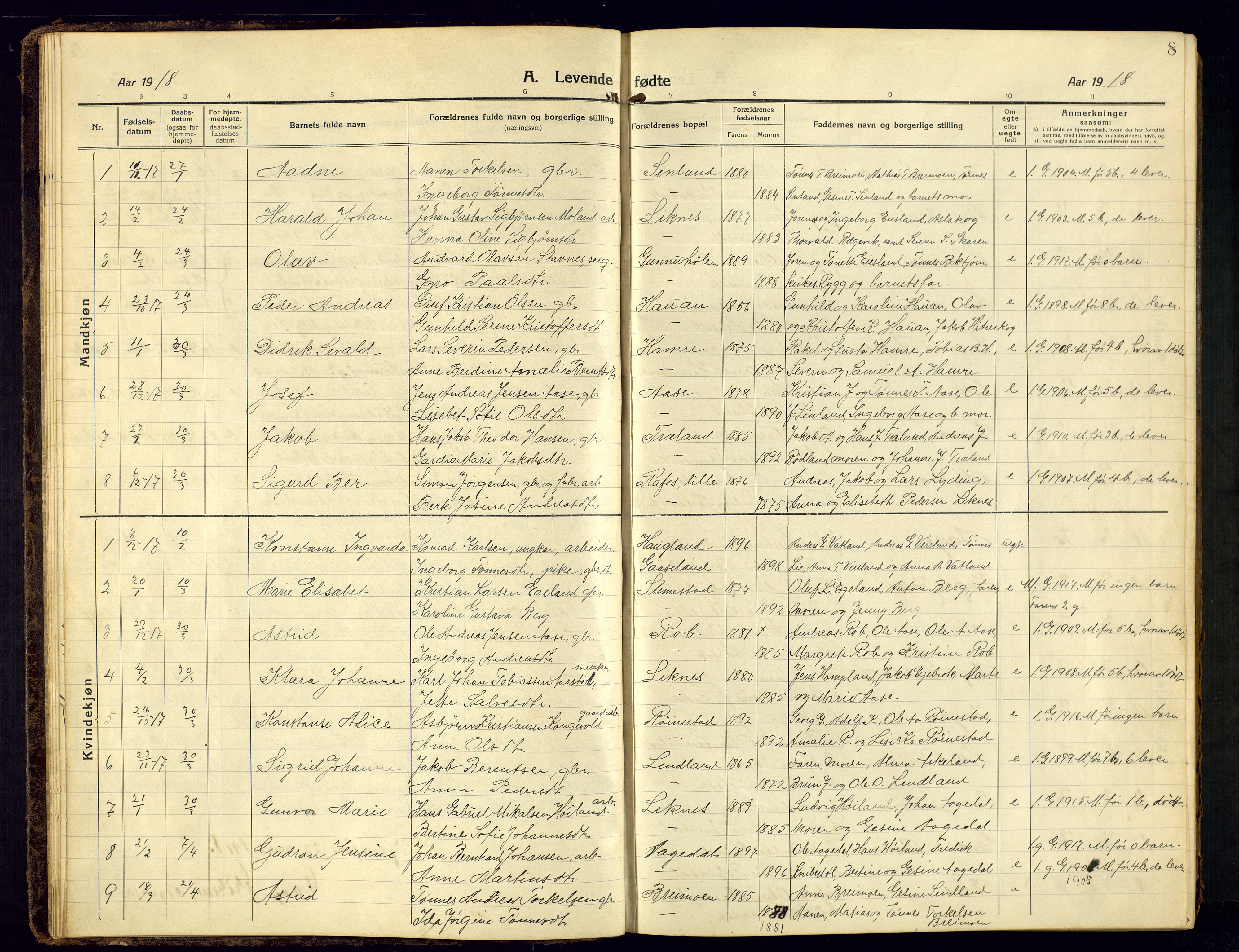 Kvinesdal sokneprestkontor, SAK/1111-0026/F/Fb/Fbb/L0004: Parish register (copy) no. B 4, 1917-1938, p. 8