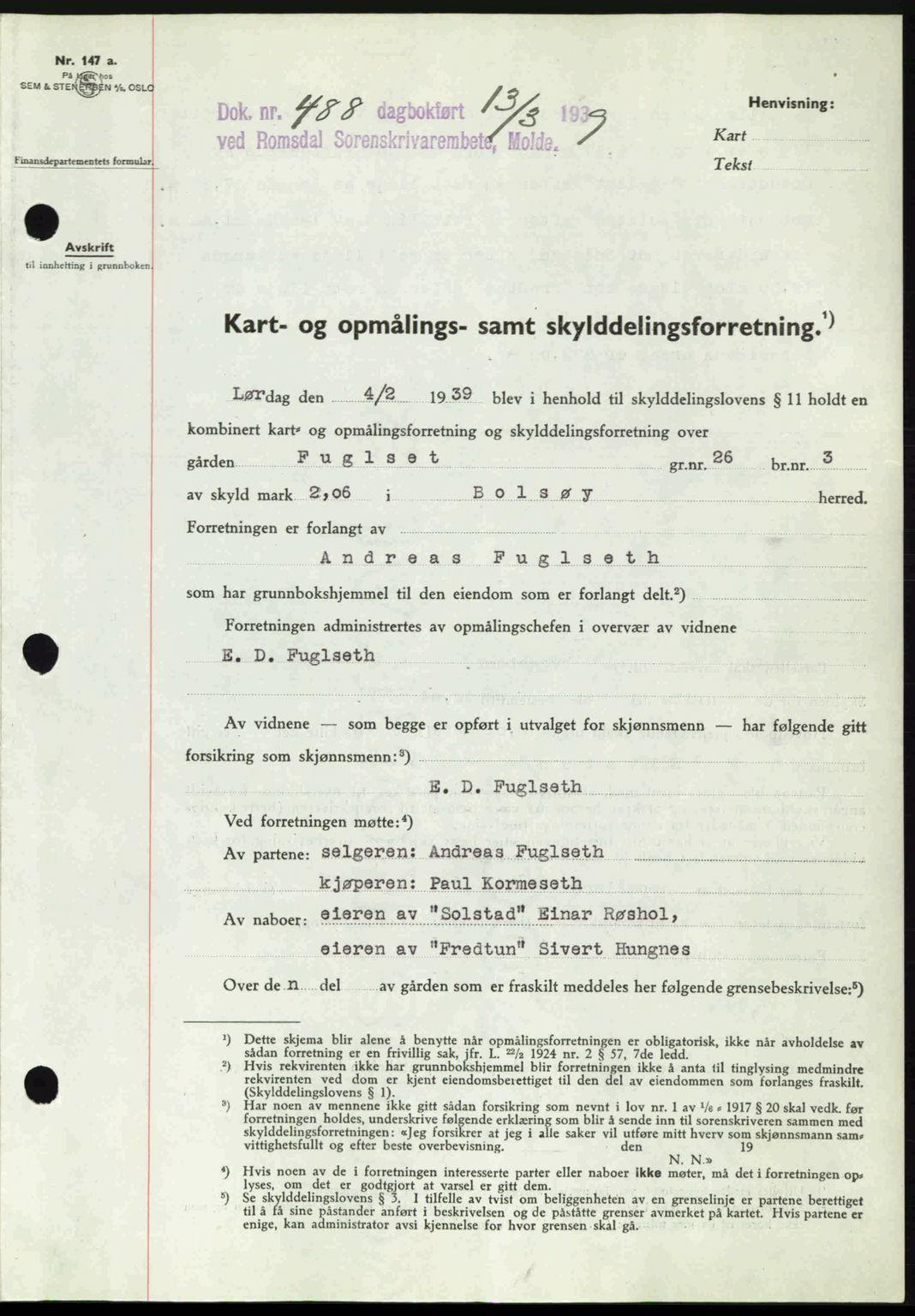 Romsdal sorenskriveri, AV/SAT-A-4149/1/2/2C: Mortgage book no. A6, 1938-1939, Diary no: : 488/1939