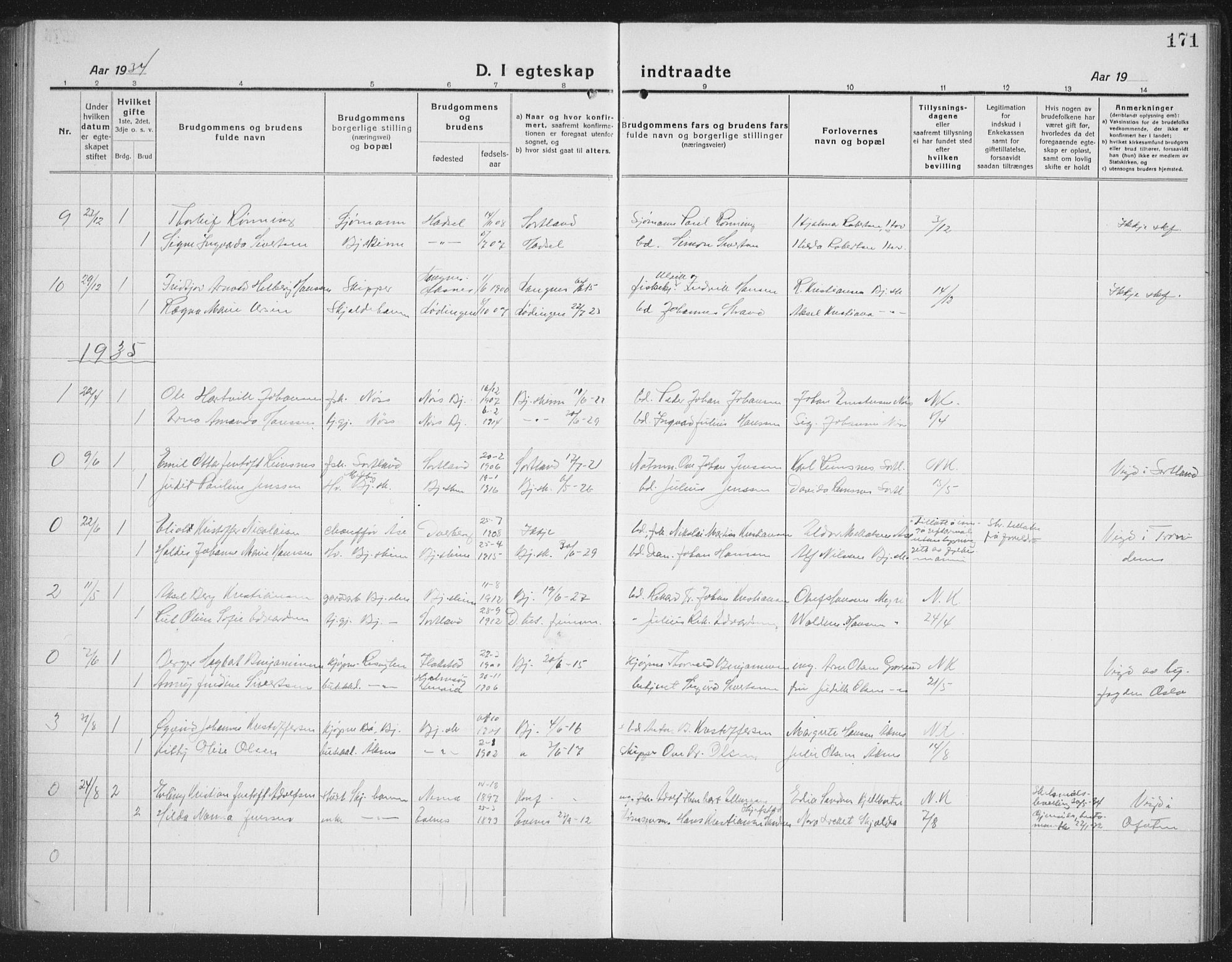 Ministerialprotokoller, klokkerbøker og fødselsregistre - Nordland, AV/SAT-A-1459/898/L1428: Parish register (copy) no. 898C03, 1918-1938, p. 171