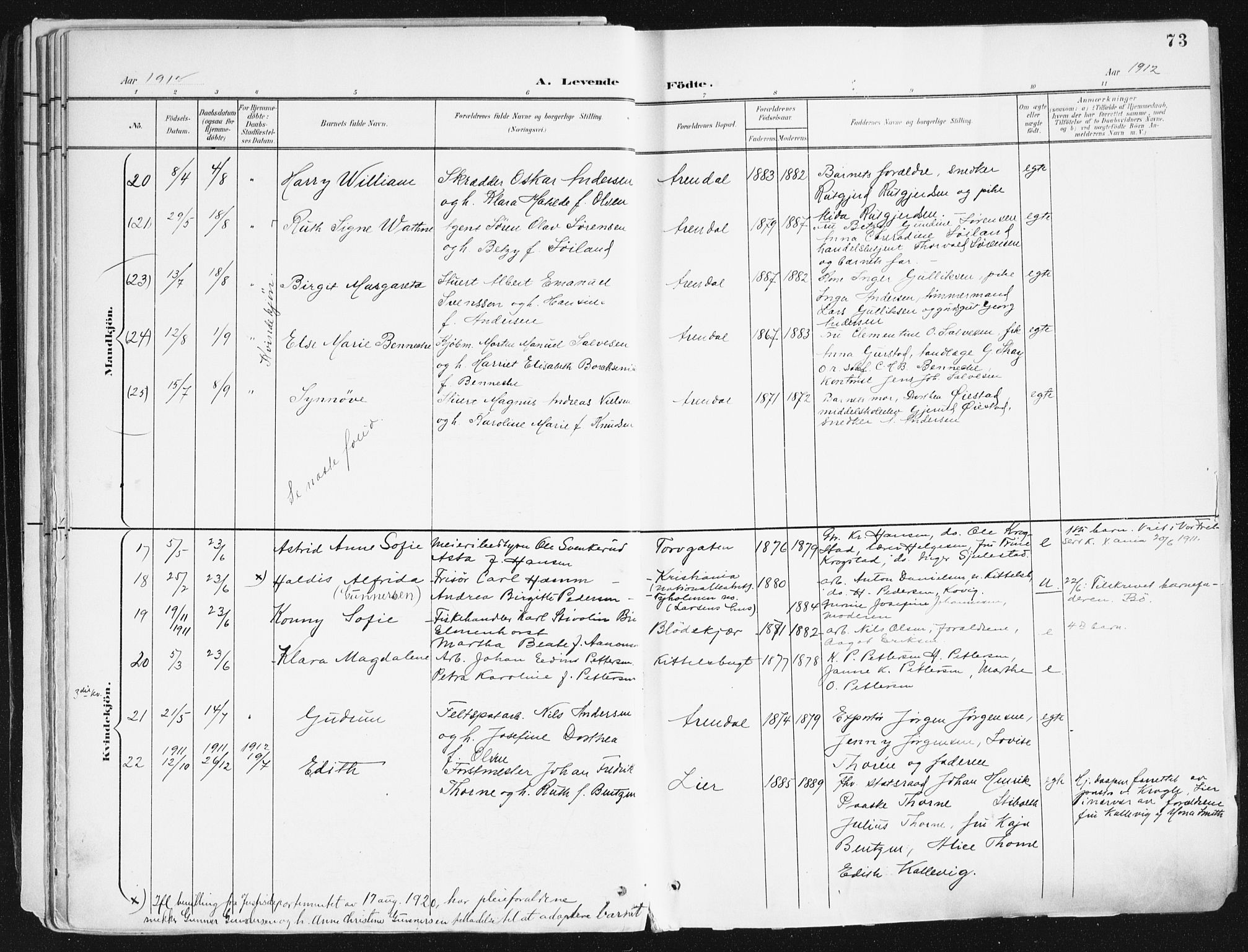 Arendal sokneprestkontor, Trefoldighet, AV/SAK-1111-0040/F/Fa/L0010: Parish register (official) no. A 10, 1900-1919, p. 73