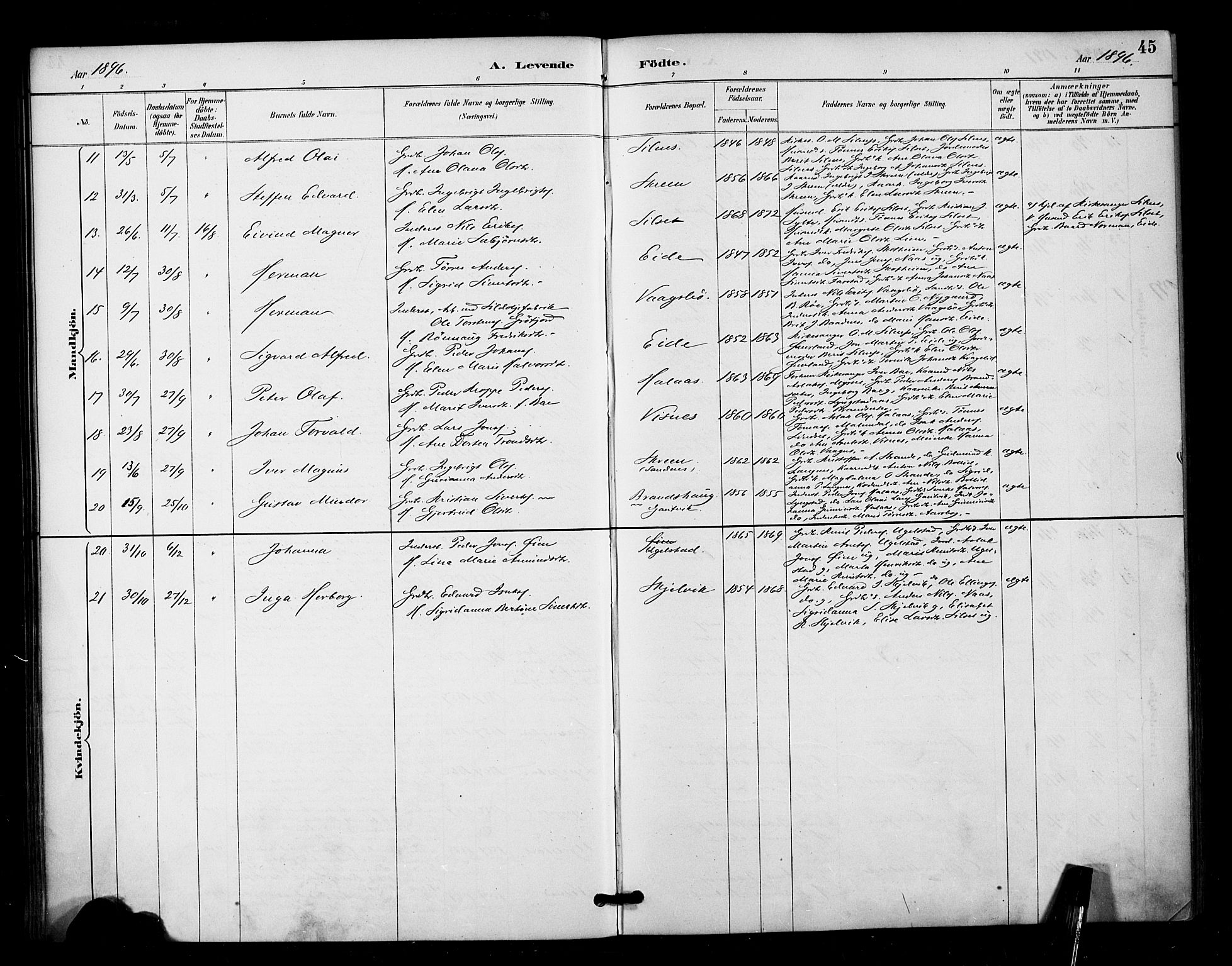 Ministerialprotokoller, klokkerbøker og fødselsregistre - Møre og Romsdal, AV/SAT-A-1454/571/L0836: Parish register (official) no. 571A01, 1884-1899, p. 45