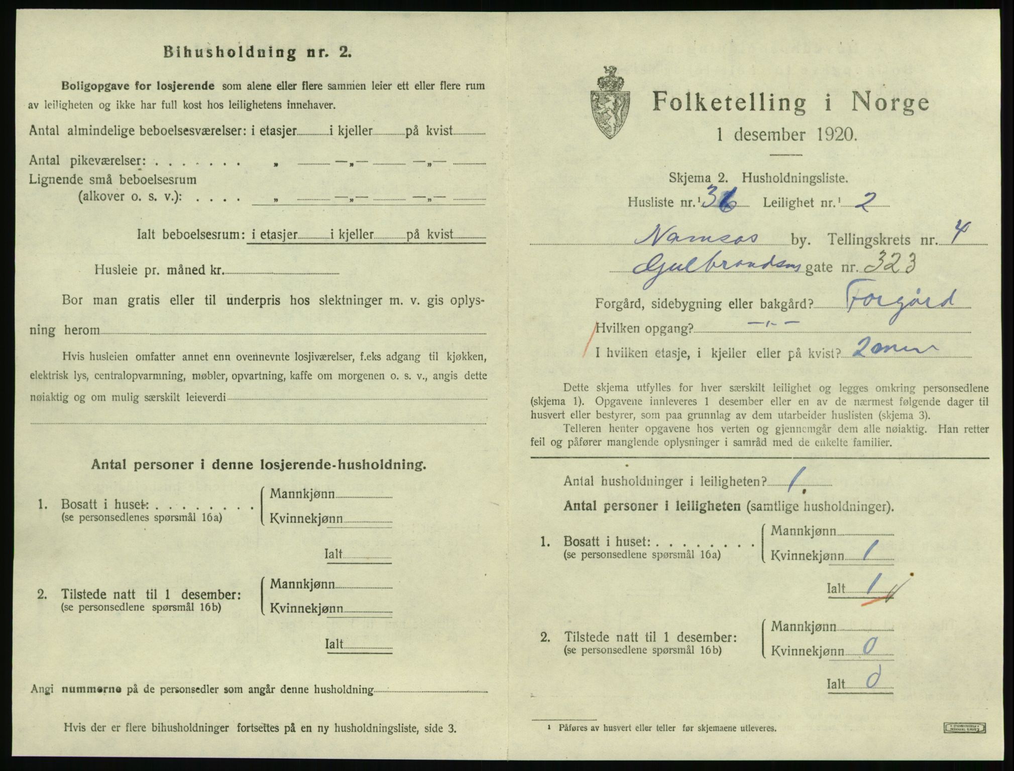 SAT, 1920 census for Namsos, 1920, p. 1537
