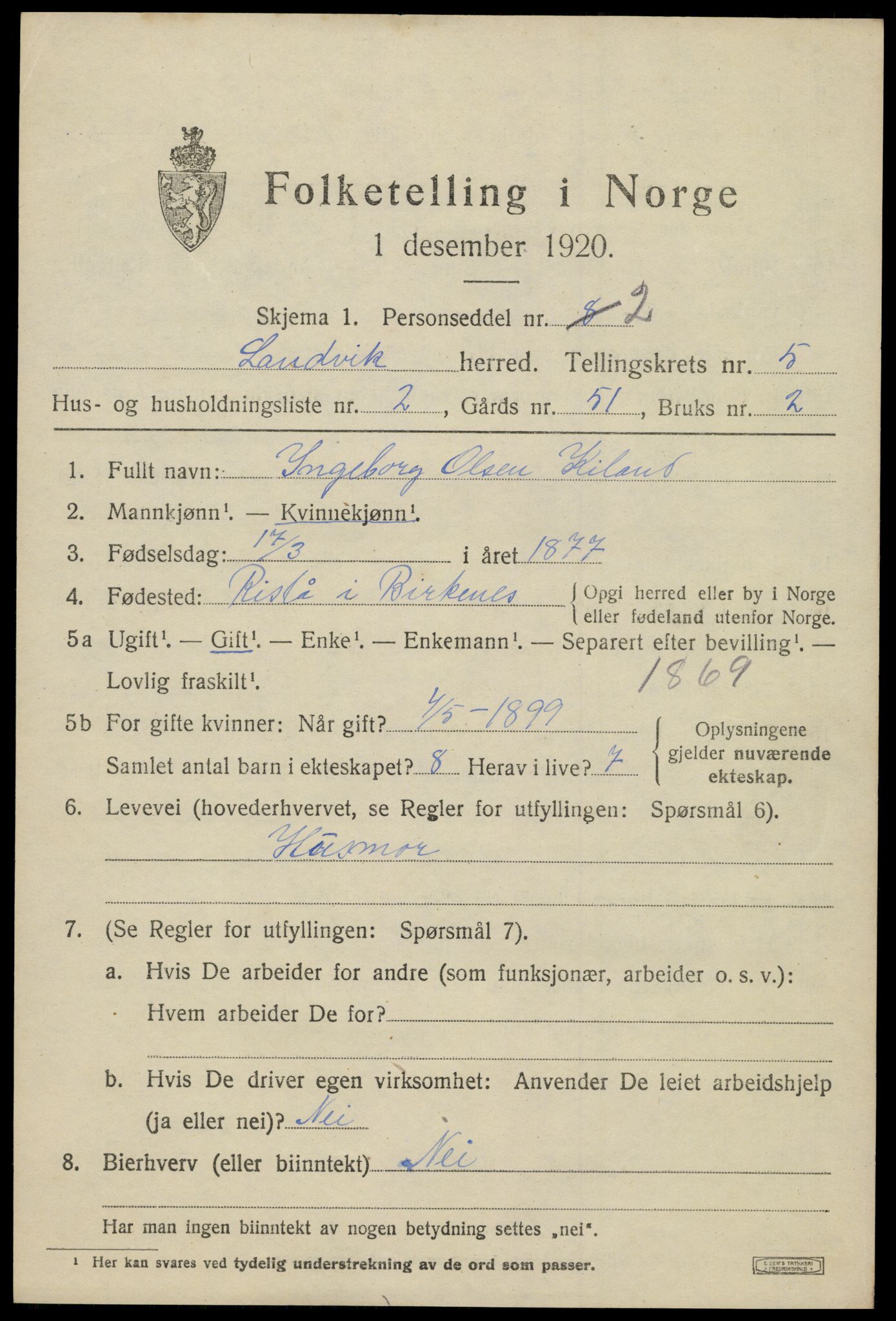 SAK, 1920 census for Landvik, 1920, p. 4022