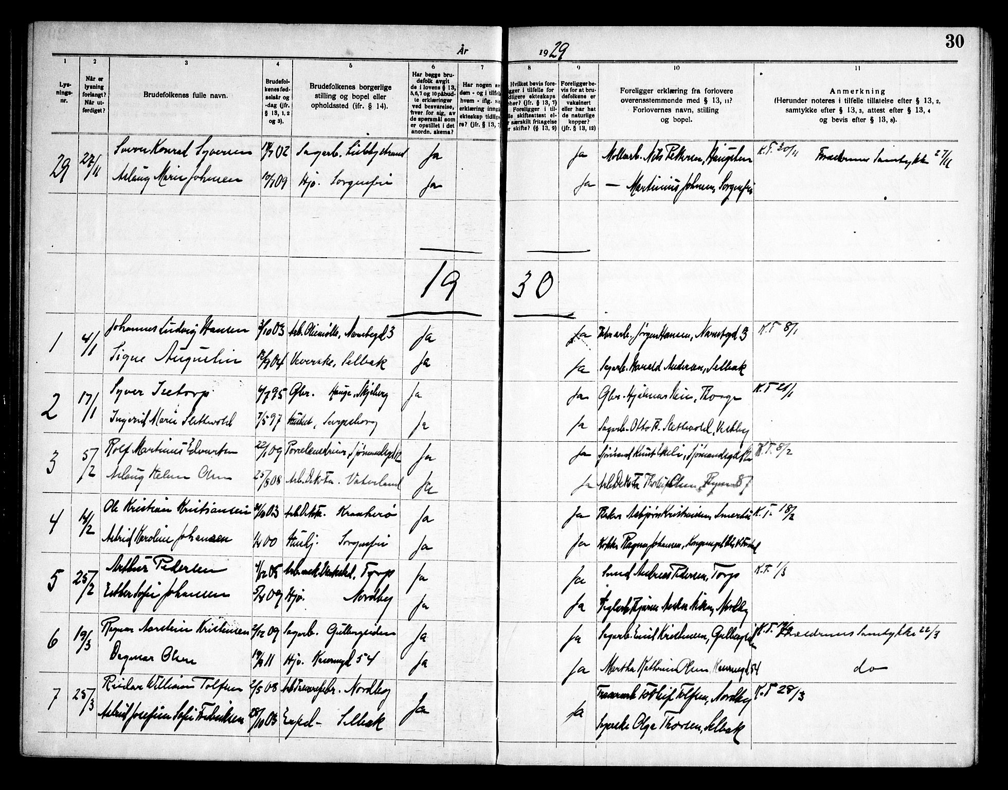Østre Fredrikstad prestekontor Kirkebøker, AV/SAO-A-10907/H/Ha/L0001: Banns register no. 1, 1919-1951, p. 30