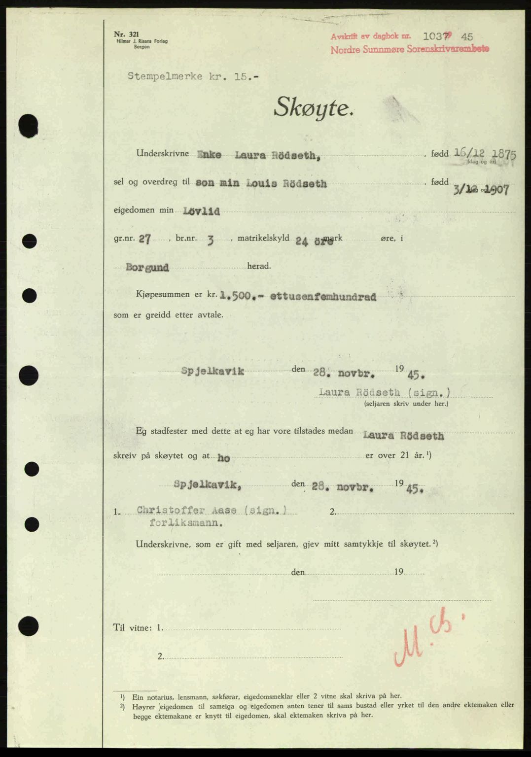 Nordre Sunnmøre sorenskriveri, AV/SAT-A-0006/1/2/2C/2Ca: Mortgage book no. A20a, 1945-1945, Diary no: : 1037/1945