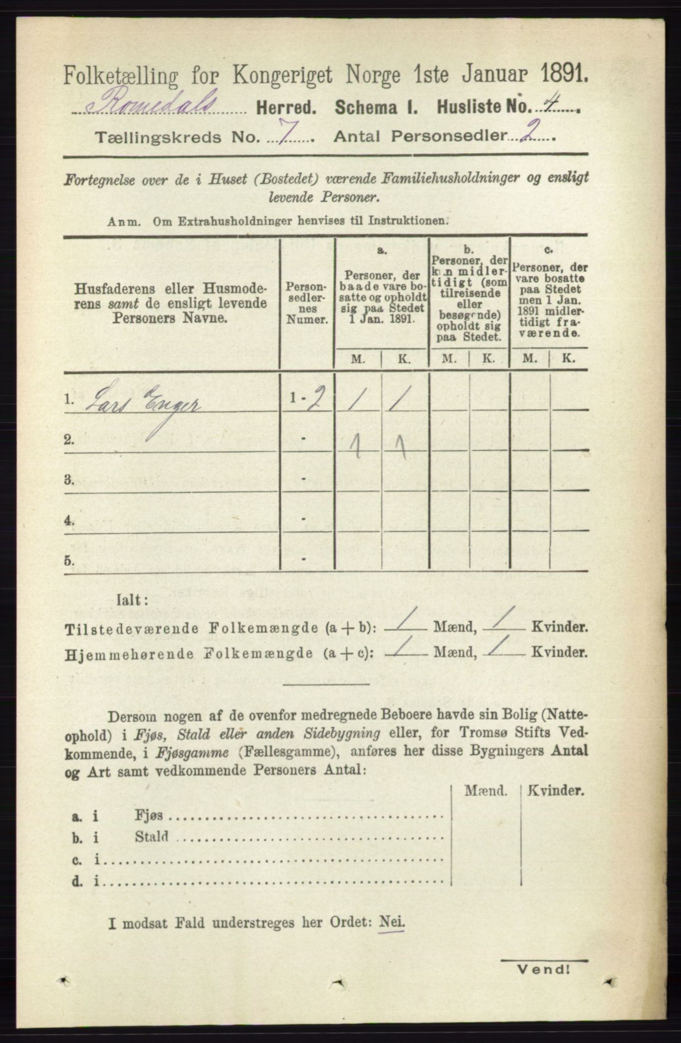 RA, 1891 census for 0416 Romedal, 1891, p. 3484