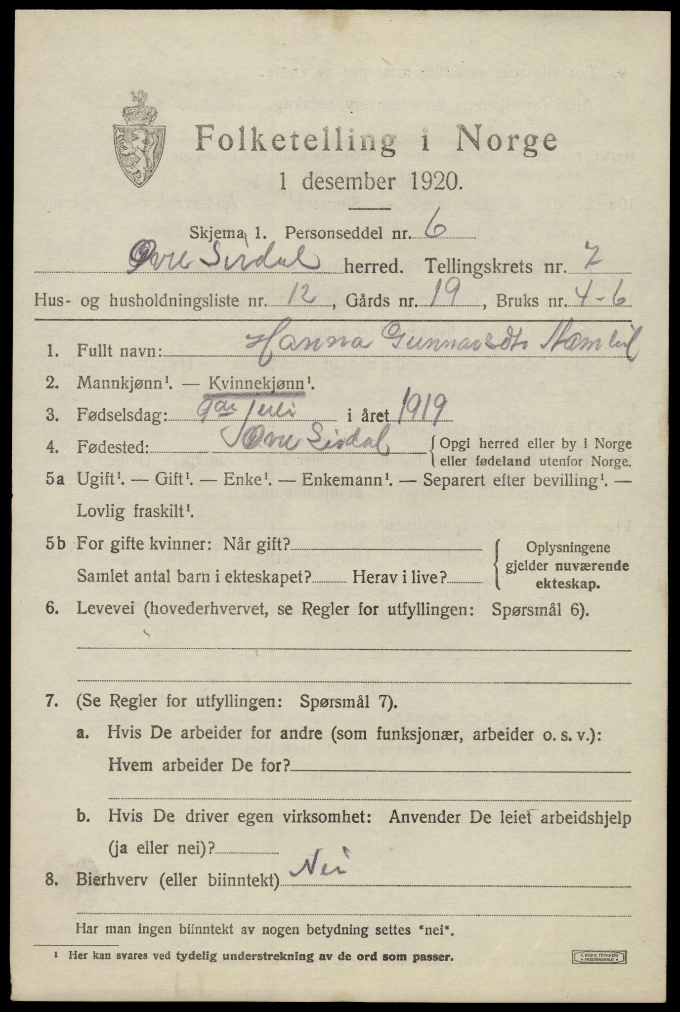 SAK, 1920 census for Øvre Sirdal, 1920, p. 1323