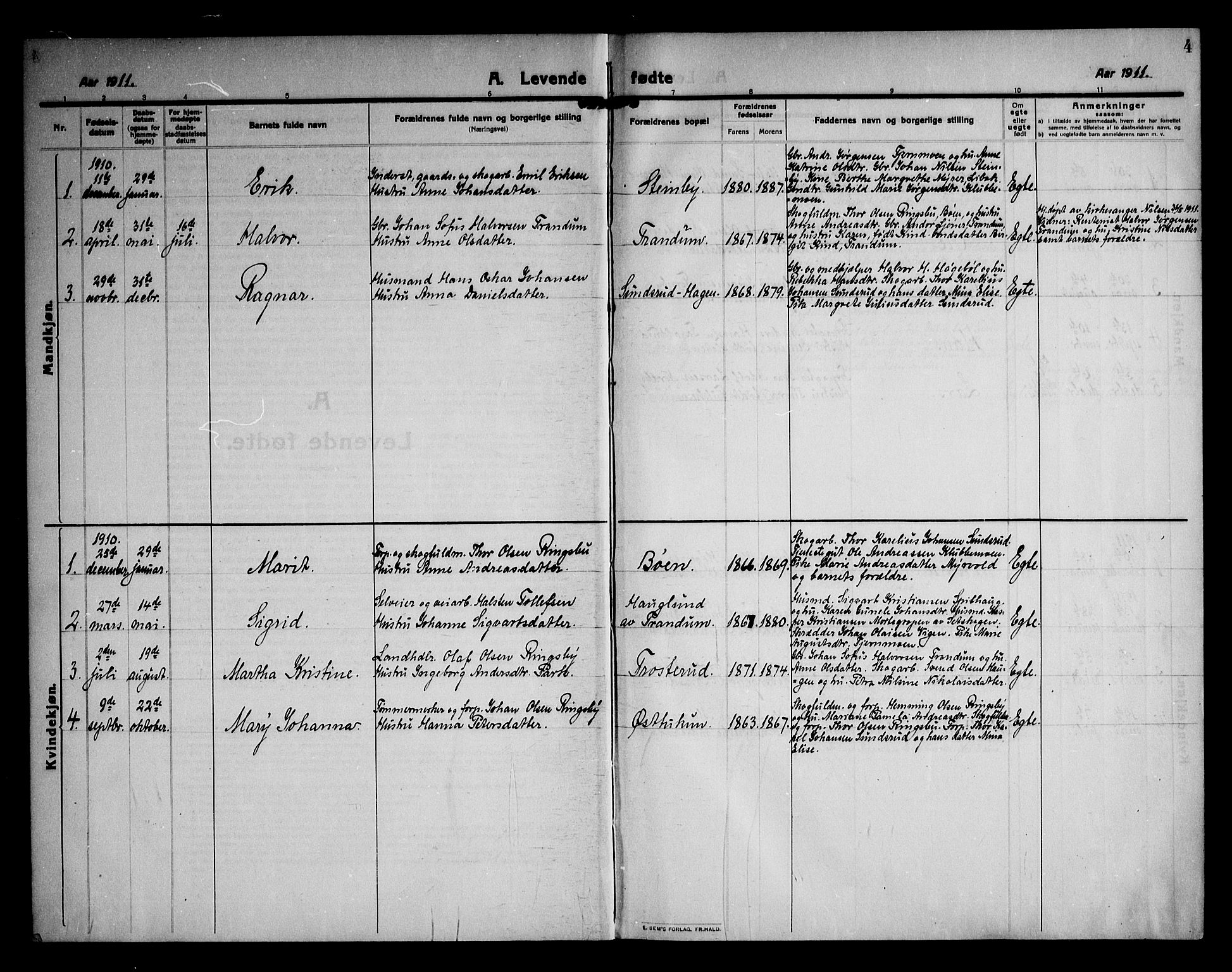 Rødenes prestekontor Kirkebøker, AV/SAO-A-2005/F/Fb/L0004: Parish register (official) no. II 4, 1911-1926, p. 4