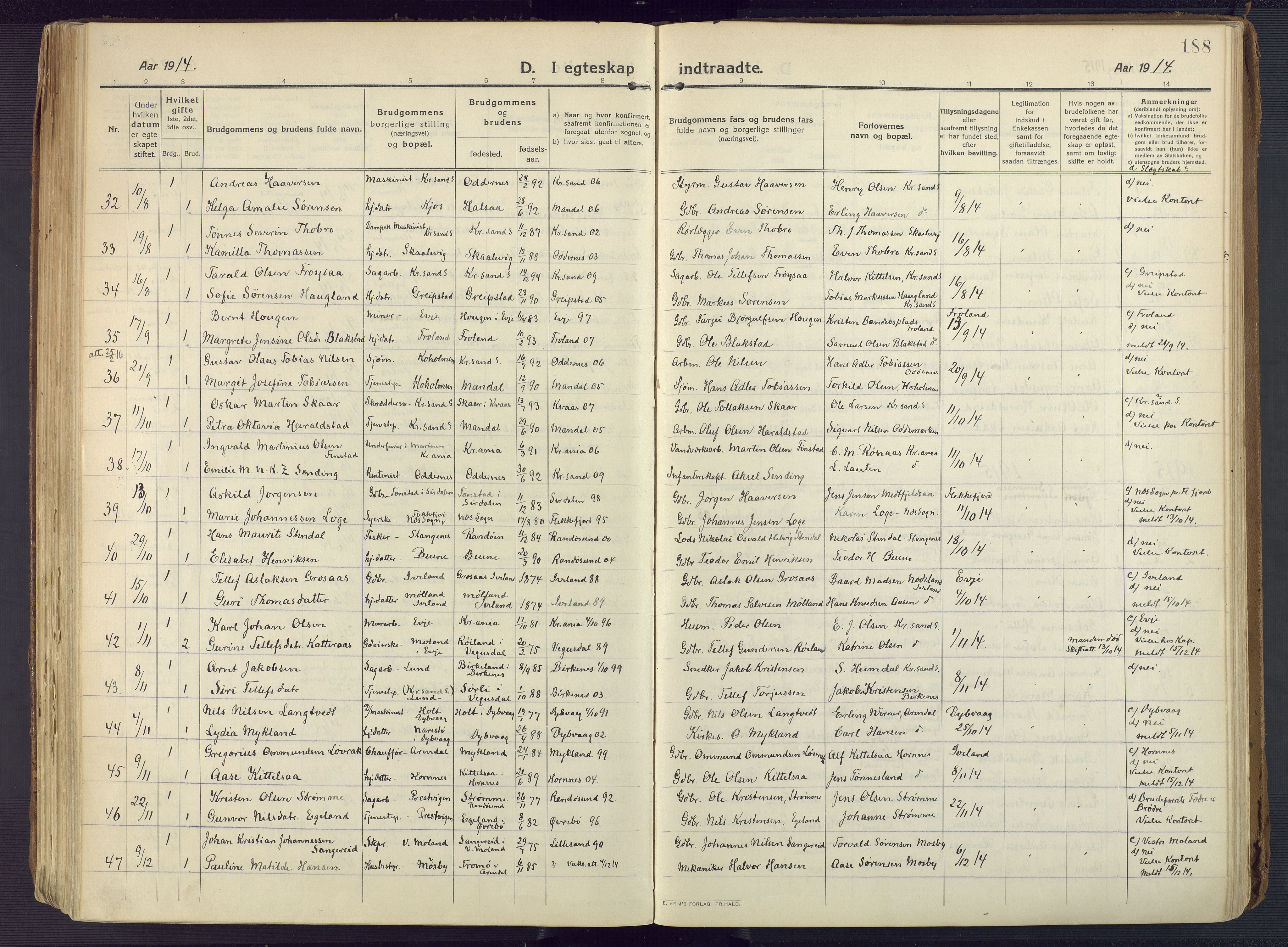Oddernes sokneprestkontor, SAK/1111-0033/F/Fa/Faa/L0012: Parish register (official) no. A 12, 1912-1925, p. 188