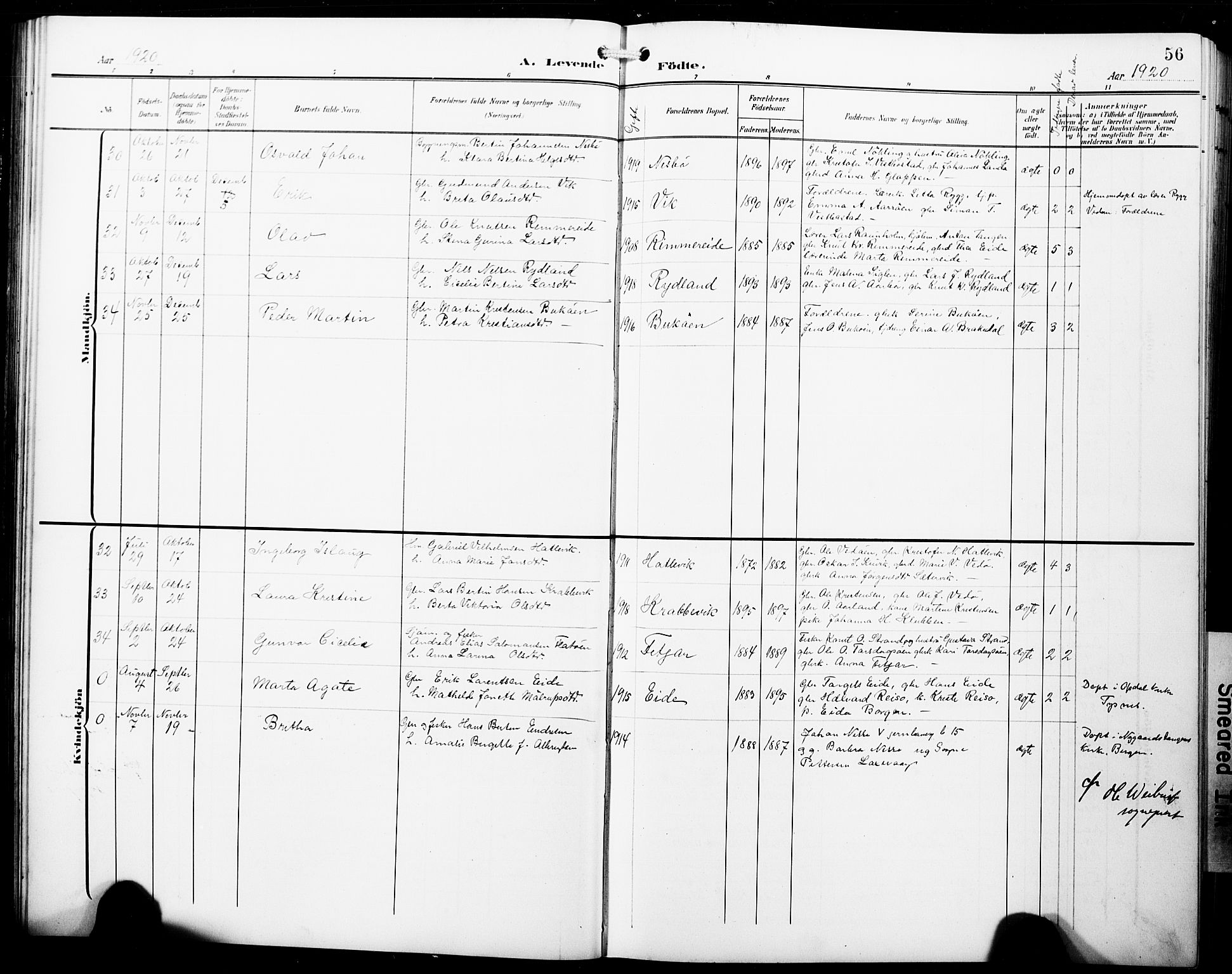 Fitjar sokneprestembete, AV/SAB-A-99926: Parish register (copy) no. B 1, 1906-1928, p. 56