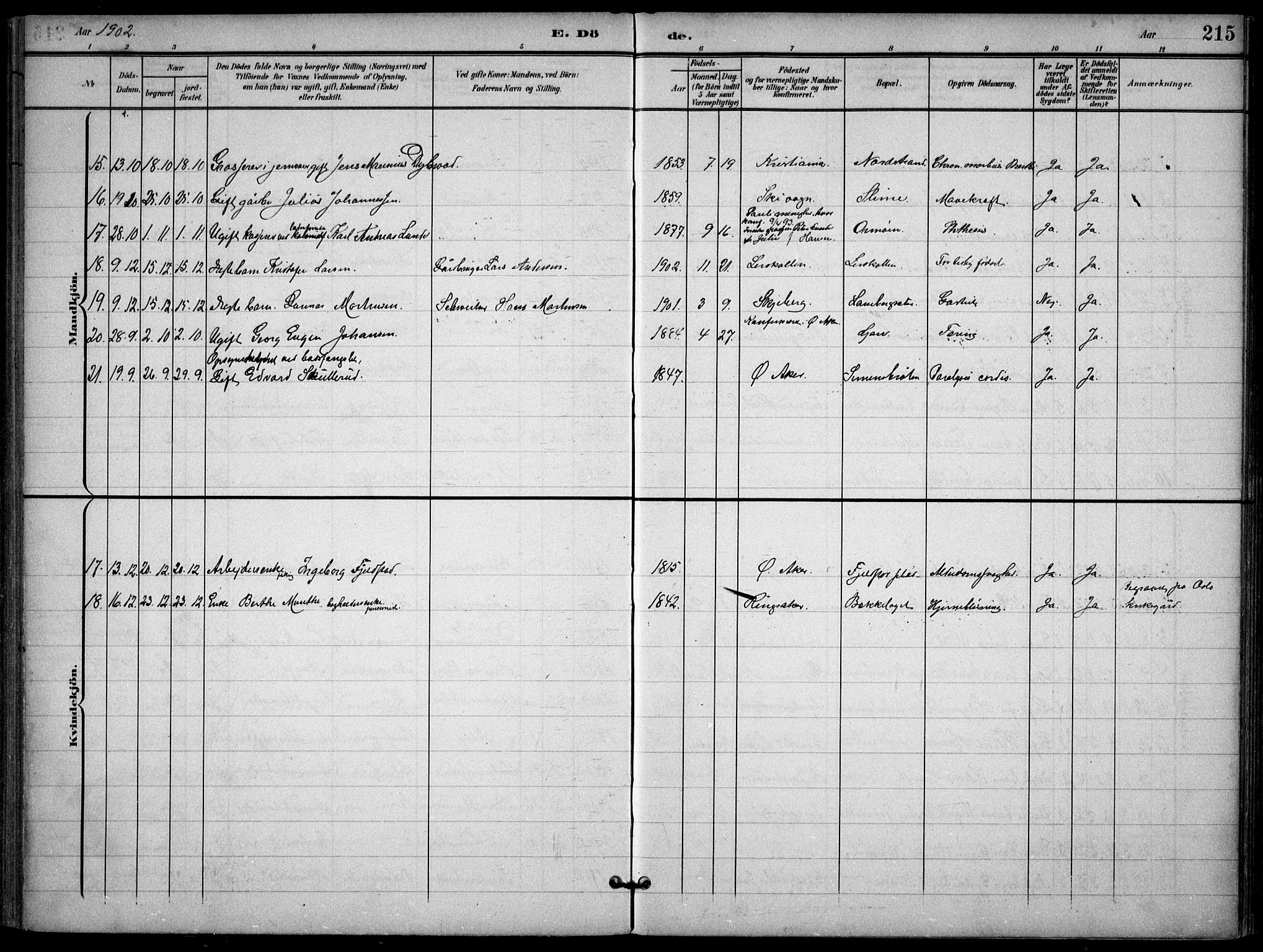 Nordstrand prestekontor Kirkebøker, SAO/A-10362a/F/Fa/L0001: Parish register (official) no. I 1, 1900-1914, p. 215