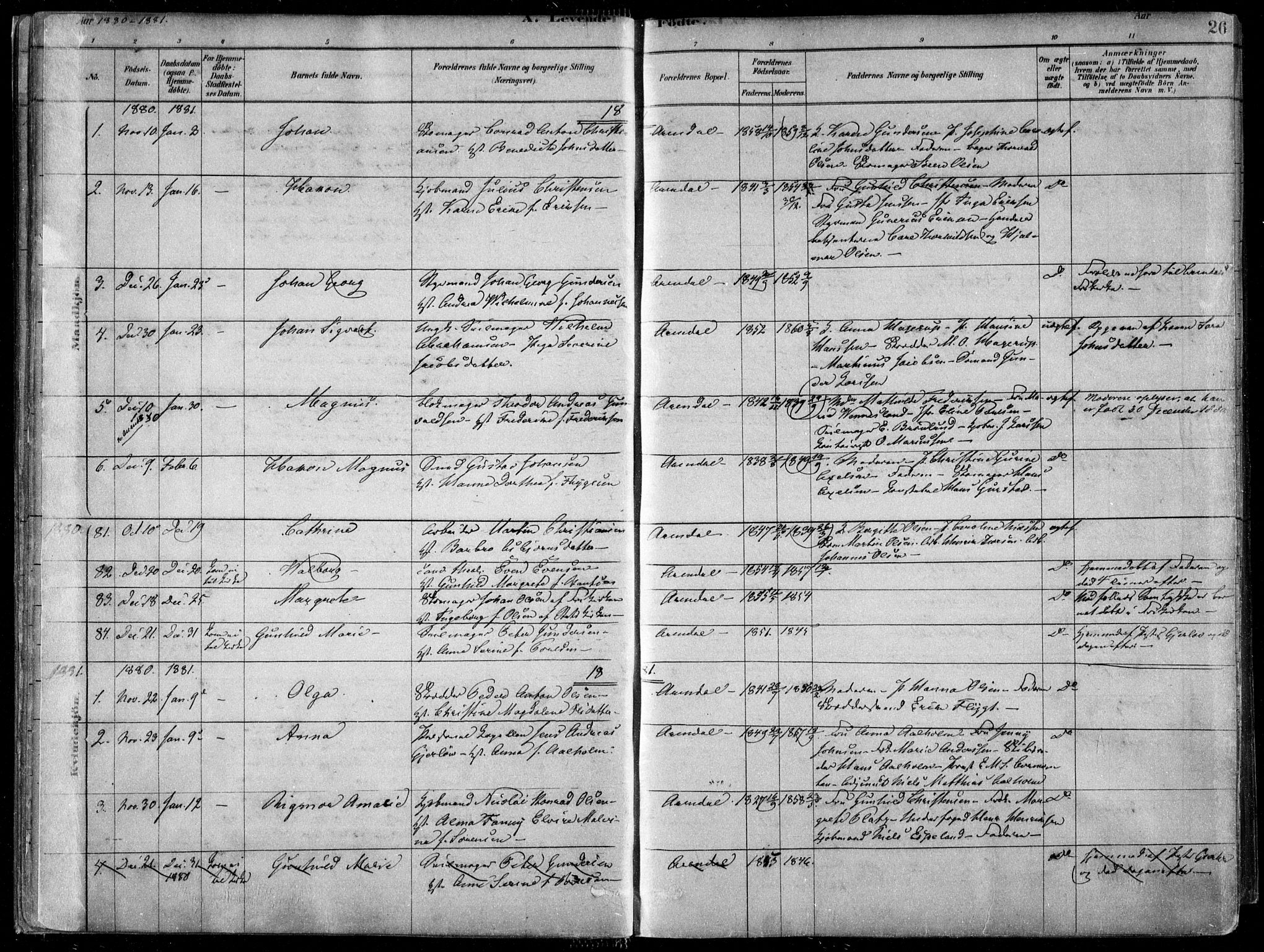 Arendal sokneprestkontor, Trefoldighet, SAK/1111-0040/F/Fa/L0008: Parish register (official) no. A 8, 1878-1899, p. 26