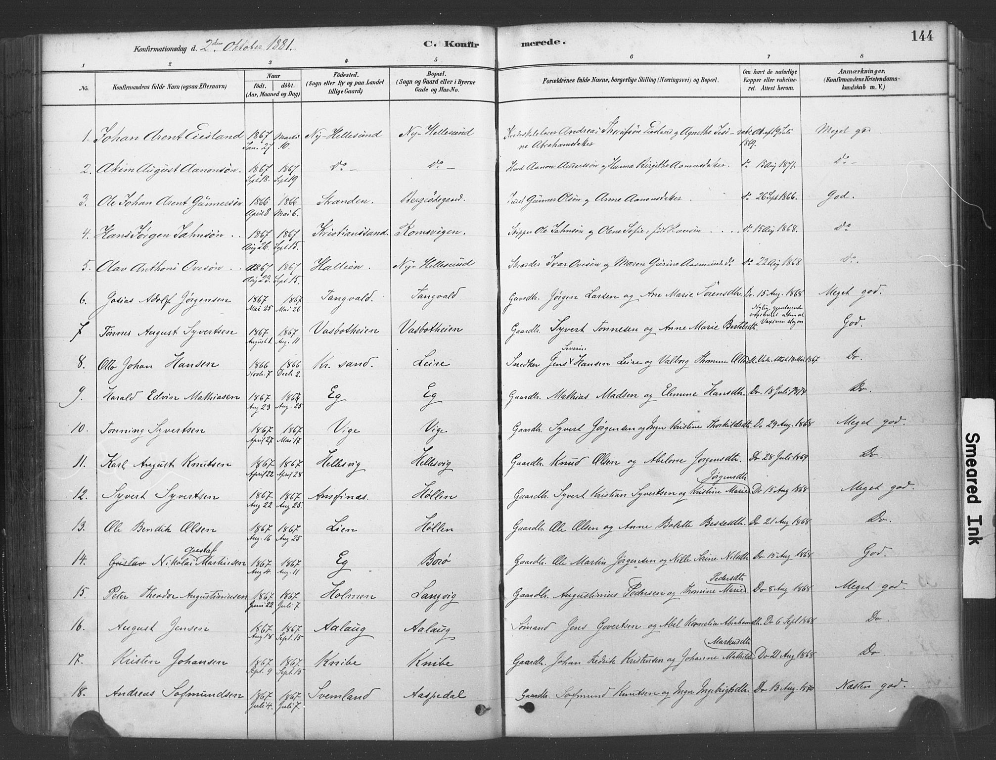Søgne sokneprestkontor, SAK/1111-0037/F/Fa/Fab/L0012: Parish register (official) no. A 12, 1880-1891, p. 144