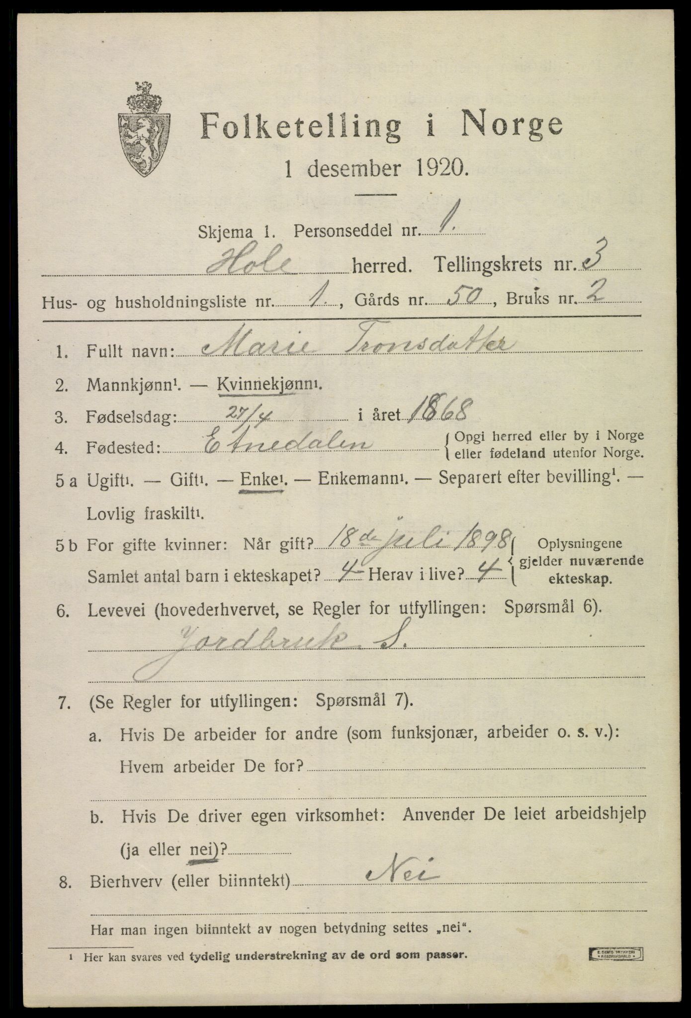 SAKO, 1920 census for Hole, 1920, p. 2725