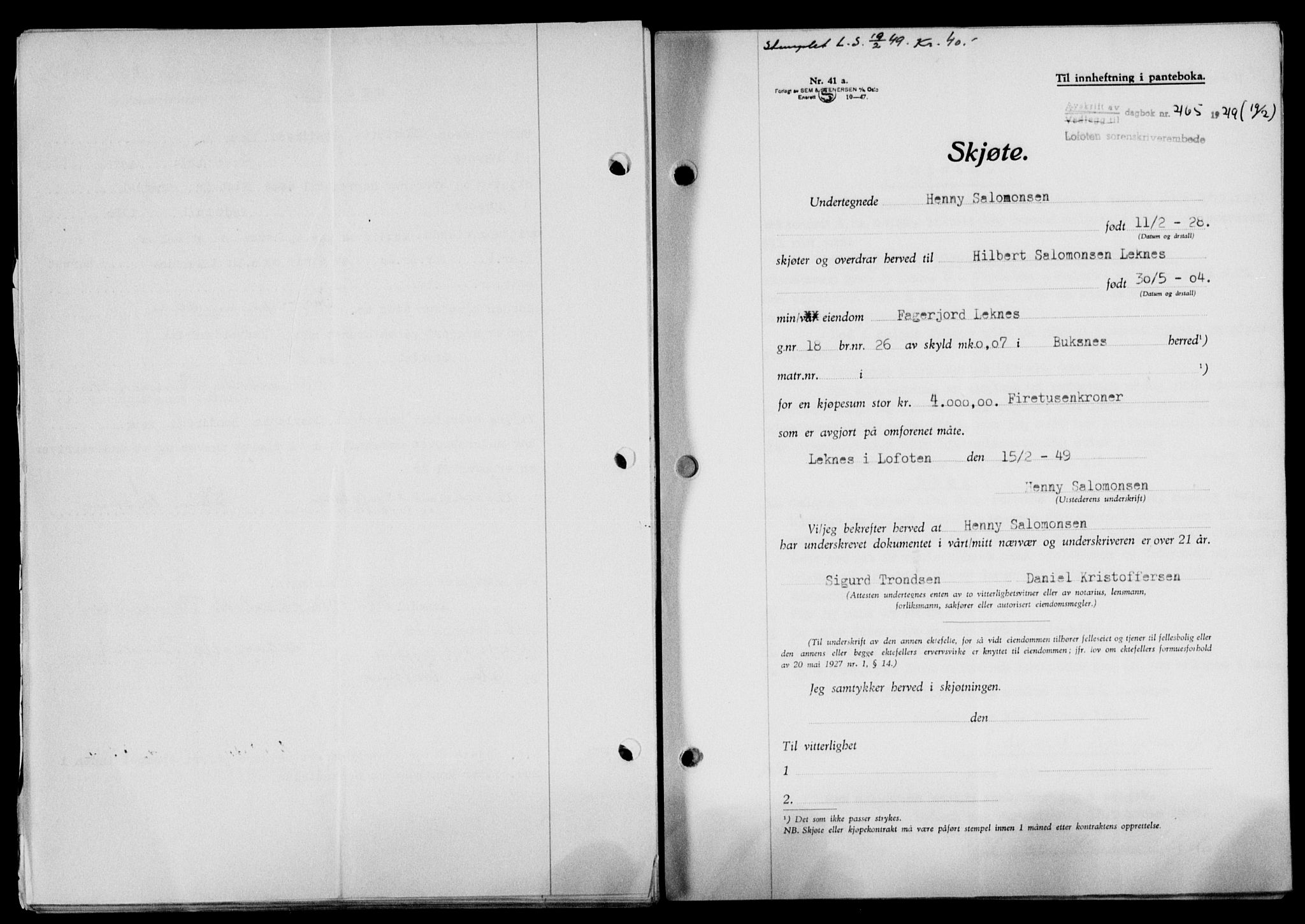 Lofoten sorenskriveri, SAT/A-0017/1/2/2C/L0020a: Mortgage book no. 20a, 1948-1949, Diary no: : 465/1949