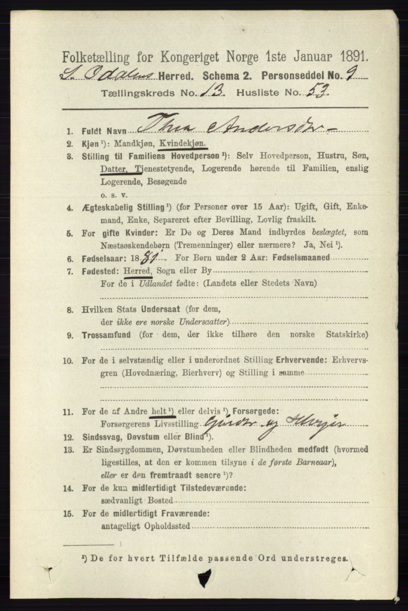 RA, 1891 census for 0419 Sør-Odal, 1891, p. 5912