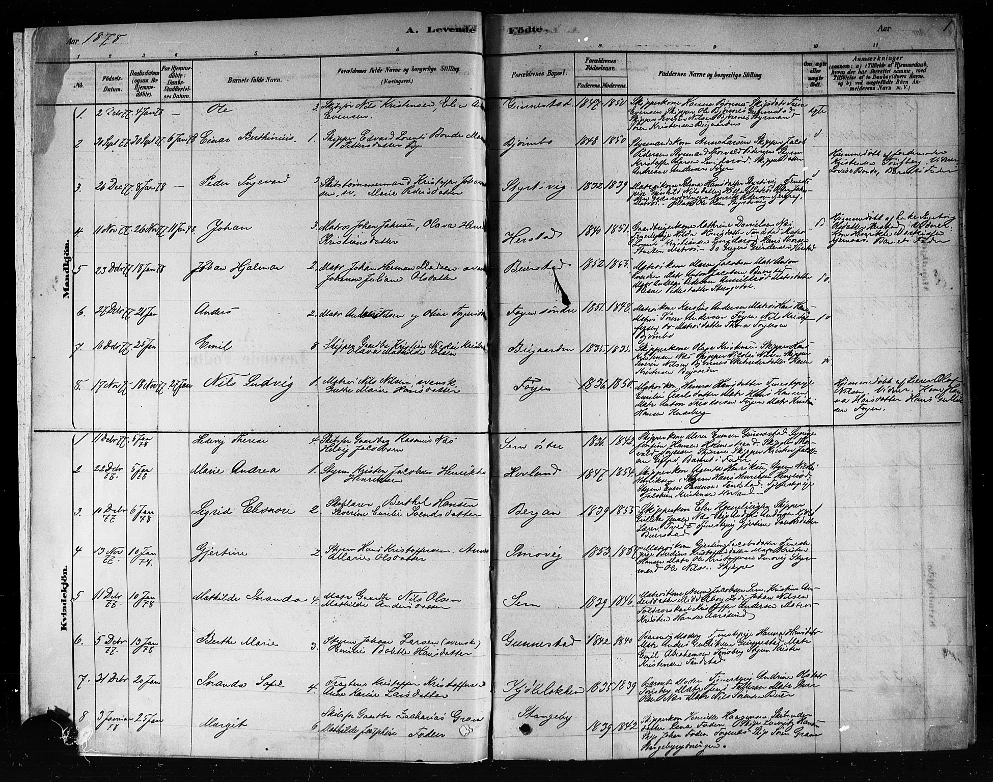 Nøtterøy kirkebøker, AV/SAKO-A-354/F/Fa/L0008: Parish register (official) no. I 8, 1878-1893, p. 1