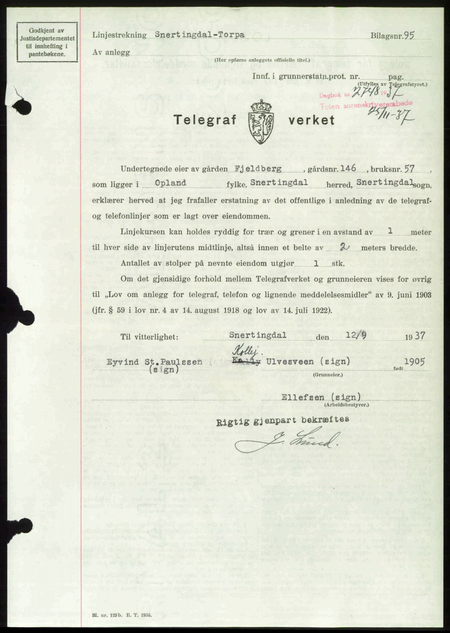 Toten tingrett, SAH/TING-006/H/Hb/Hbc/L0003: Mortgage book no. Hbc-03, 1937-1938, Diary no: : 2748/1937