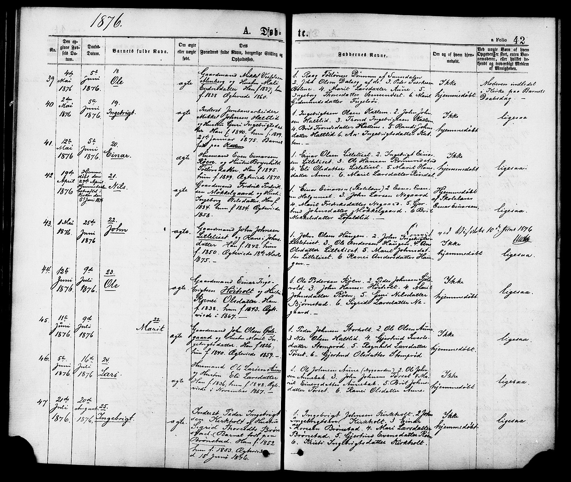 Ministerialprotokoller, klokkerbøker og fødselsregistre - Møre og Romsdal, AV/SAT-A-1454/598/L1068: Parish register (official) no. 598A02, 1872-1881, p. 42