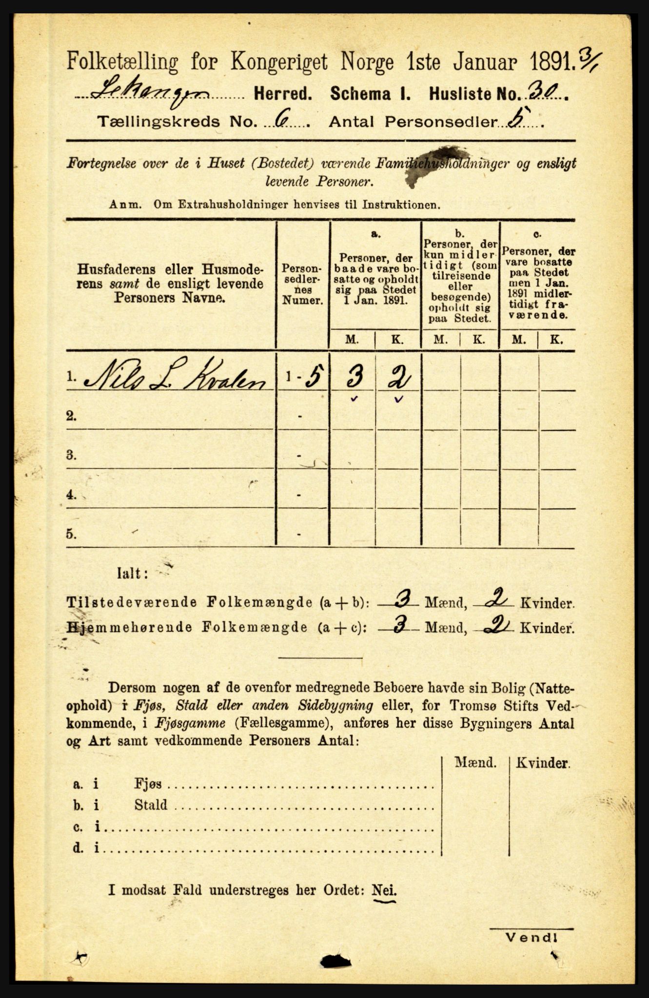 RA, 1891 census for 1419 Leikanger, 1891, p. 1113