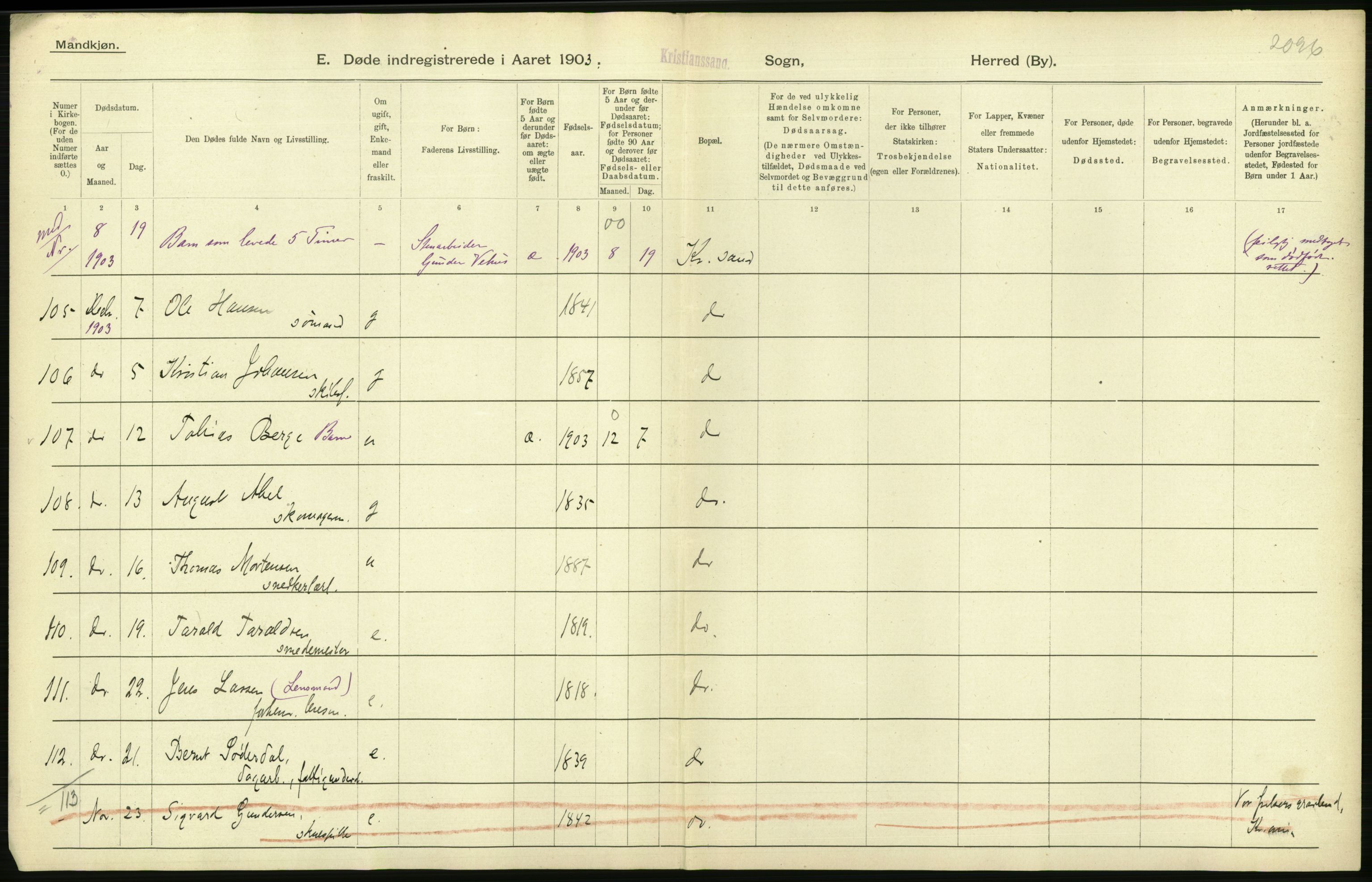 Statistisk sentralbyrå, Sosiodemografiske emner, Befolkning, AV/RA-S-2228/D/Df/Dfa/Dfaa/L0011: Lister og Mandal amt: Fødte, gifte, døde, 1903, p. 530