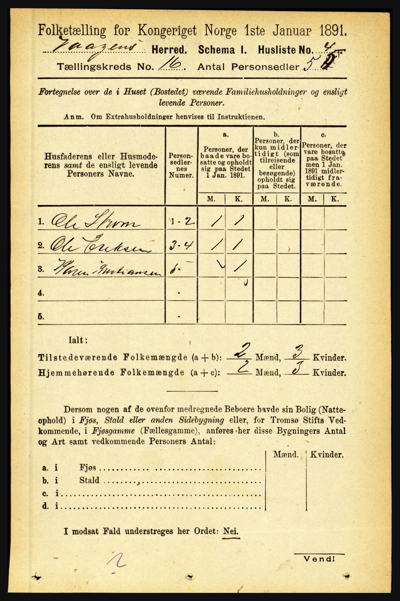 RA, 1891 census for 1865 Vågan, 1891, p. 4519