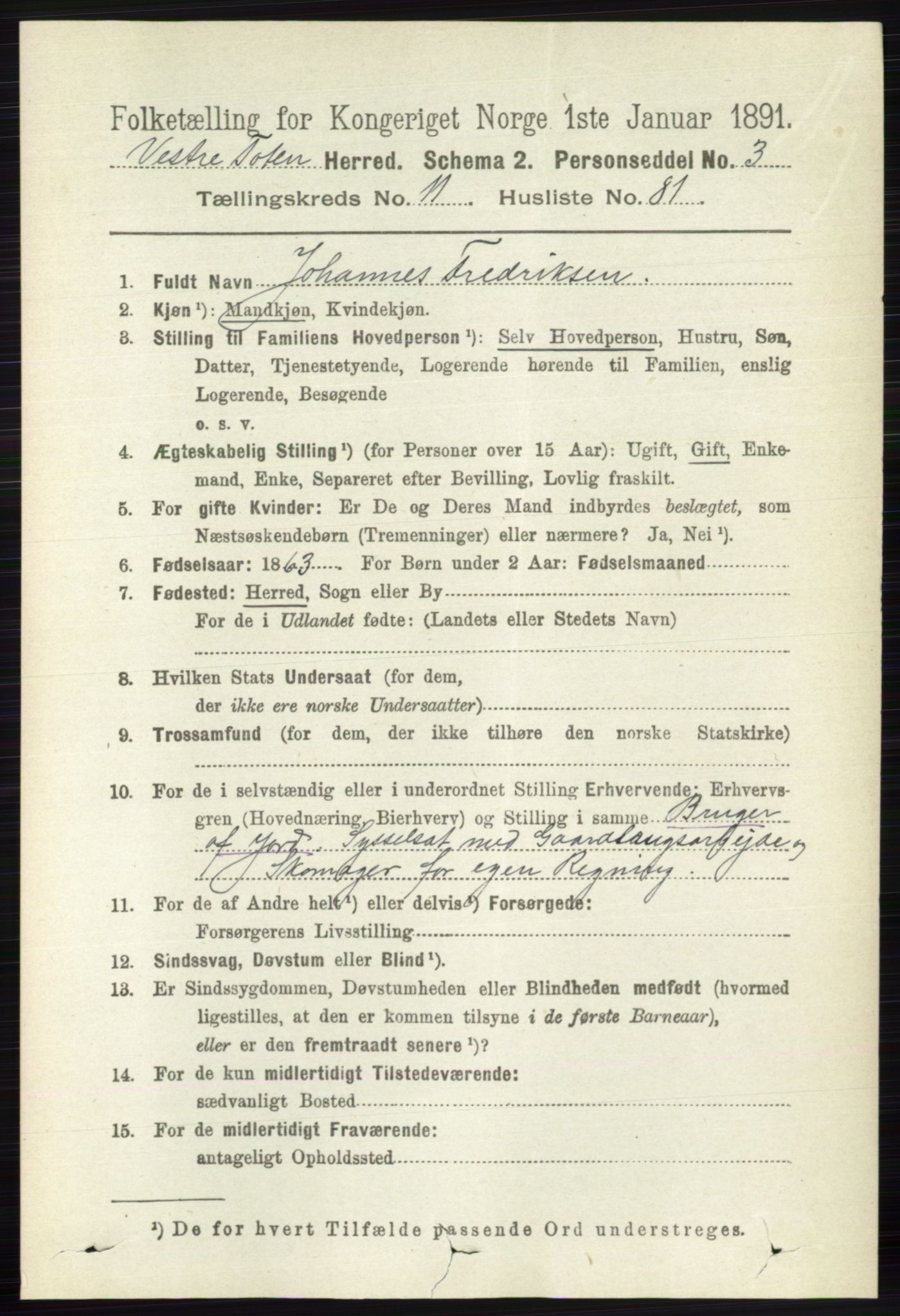 RA, 1891 census for 0529 Vestre Toten, 1891, p. 7194