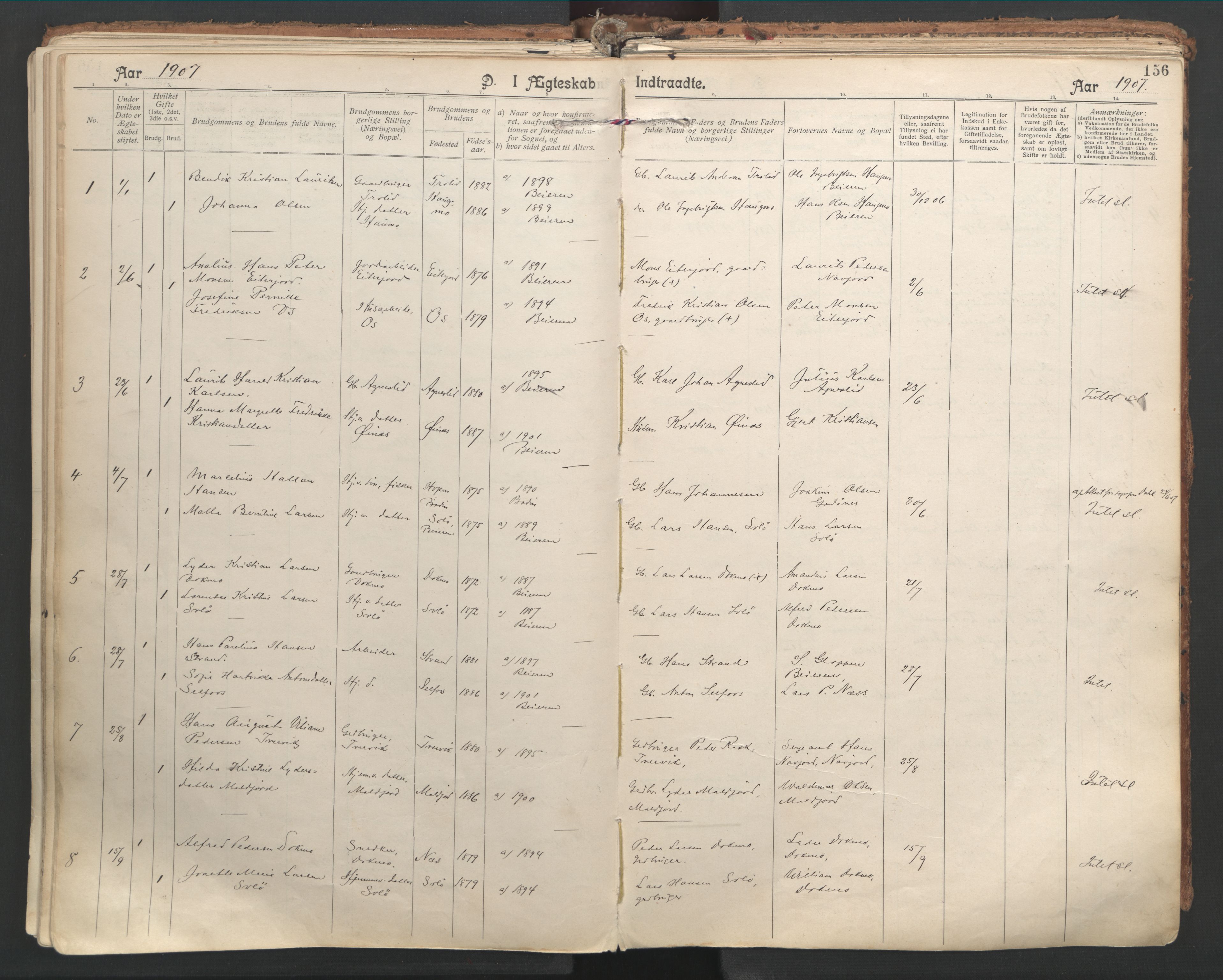 Ministerialprotokoller, klokkerbøker og fødselsregistre - Nordland, SAT/A-1459/846/L0647: Parish register (official) no. 846A05, 1902-1915, p. 156