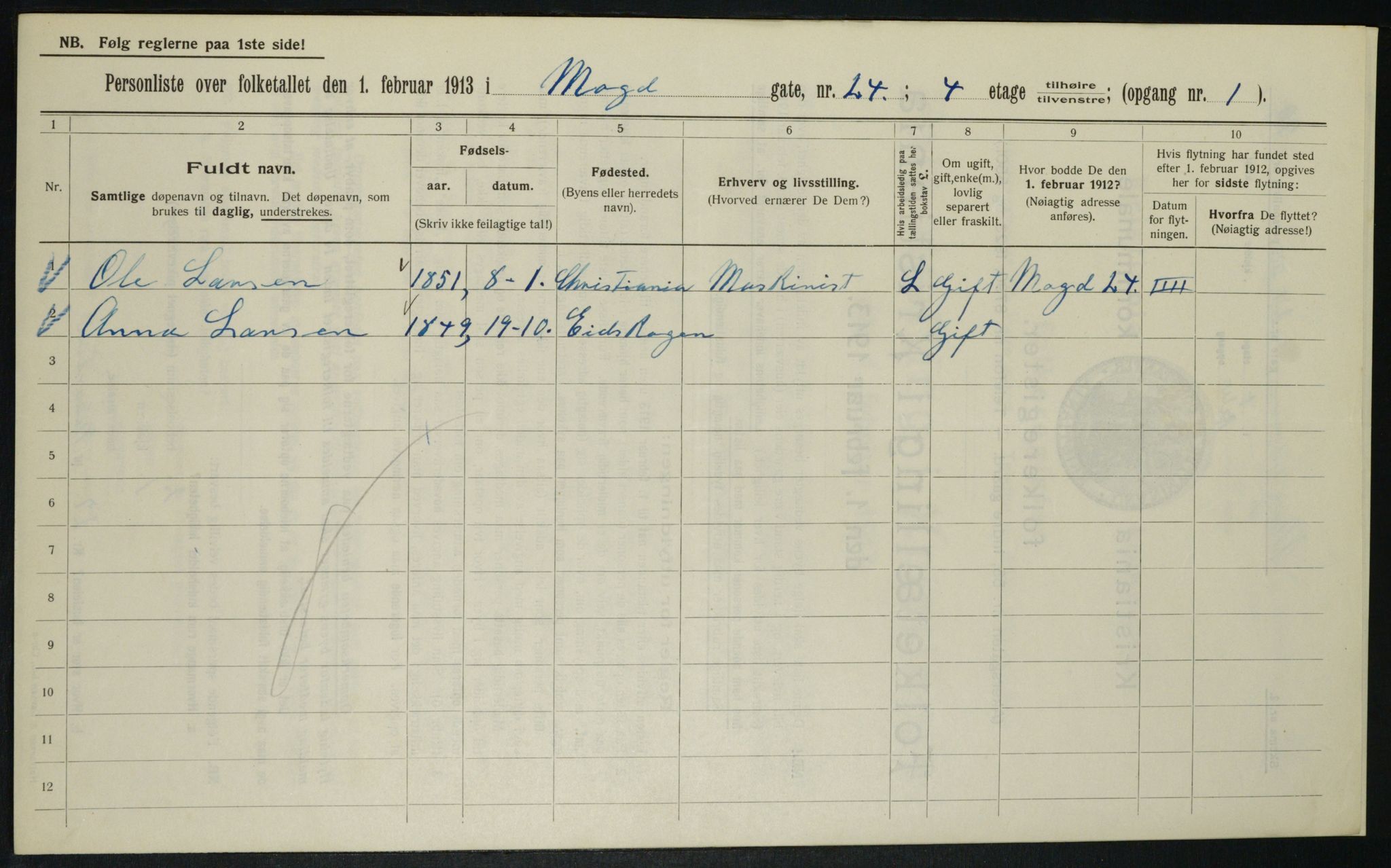 OBA, Municipal Census 1913 for Kristiania, 1913, p. 65519