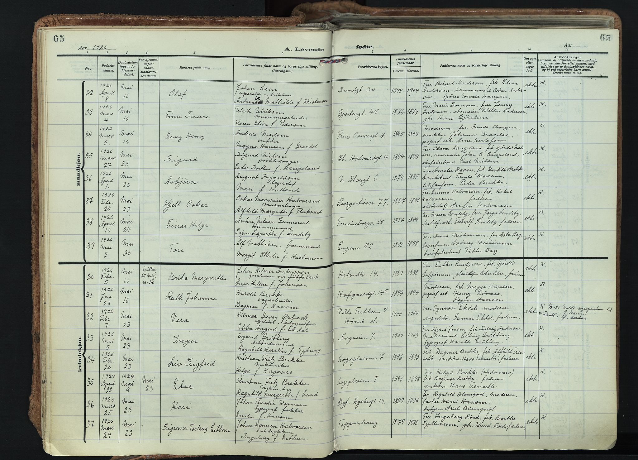 Bragernes kirkebøker, AV/SAKO-A-6/F/Fb/L0011: Parish register (official) no. II 11, 1922-1945, p. 65