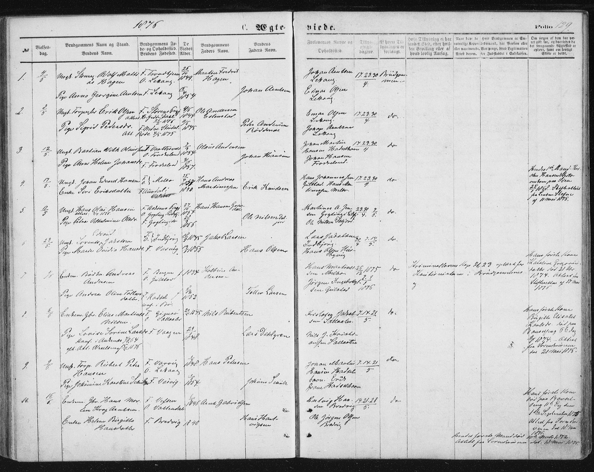 Ministerialprotokoller, klokkerbøker og fødselsregistre - Nordland, SAT/A-1459/888/L1243: Parish register (official) no. 888A09, 1876-1879, p. 129
