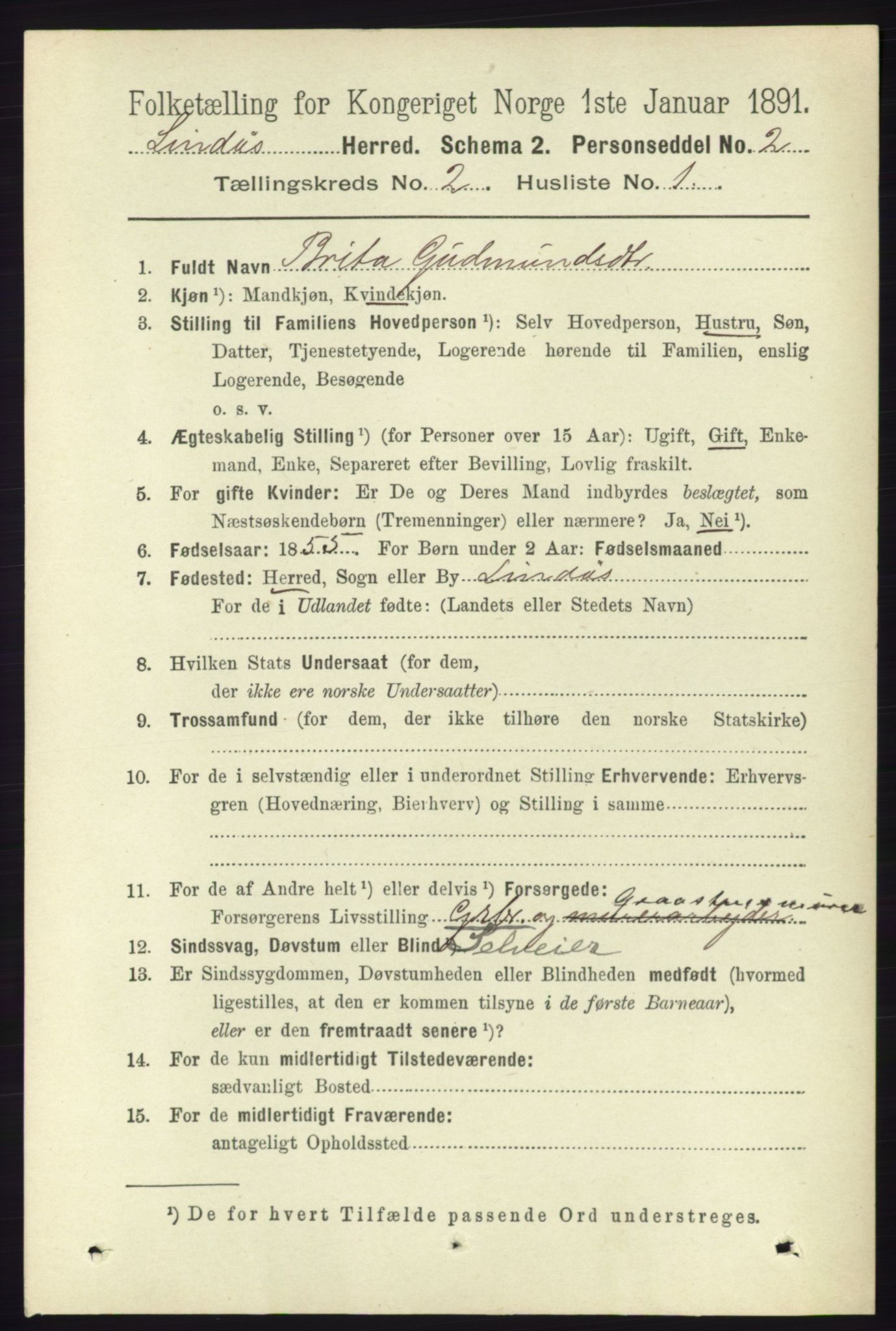 RA, 1891 census for 1263 Lindås, 1891, p. 430