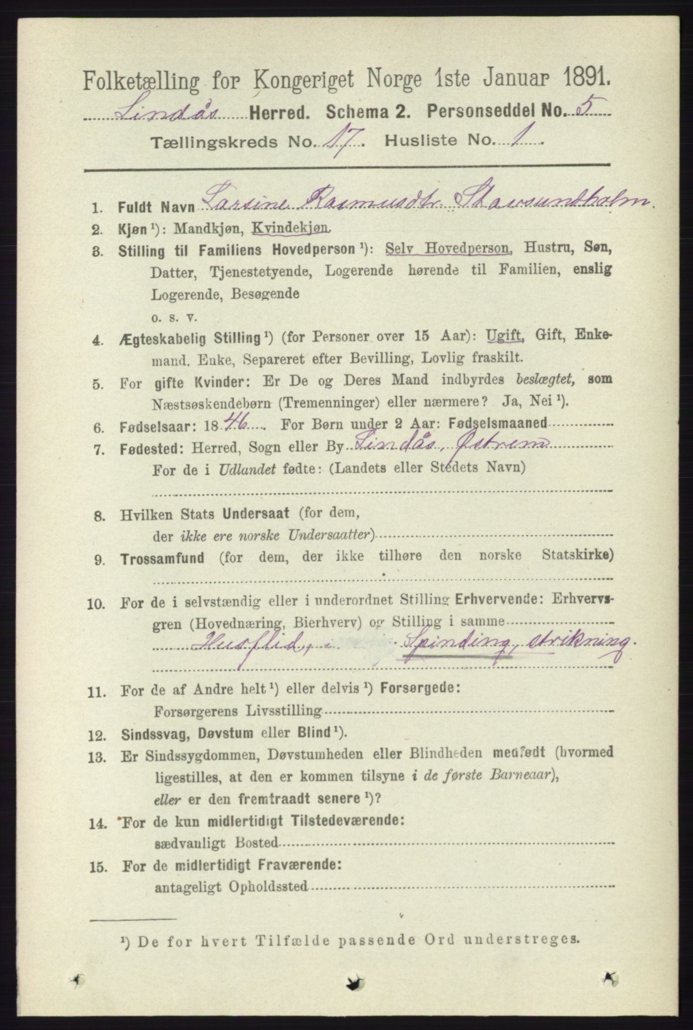 RA, 1891 census for 1263 Lindås, 1891, p. 6136