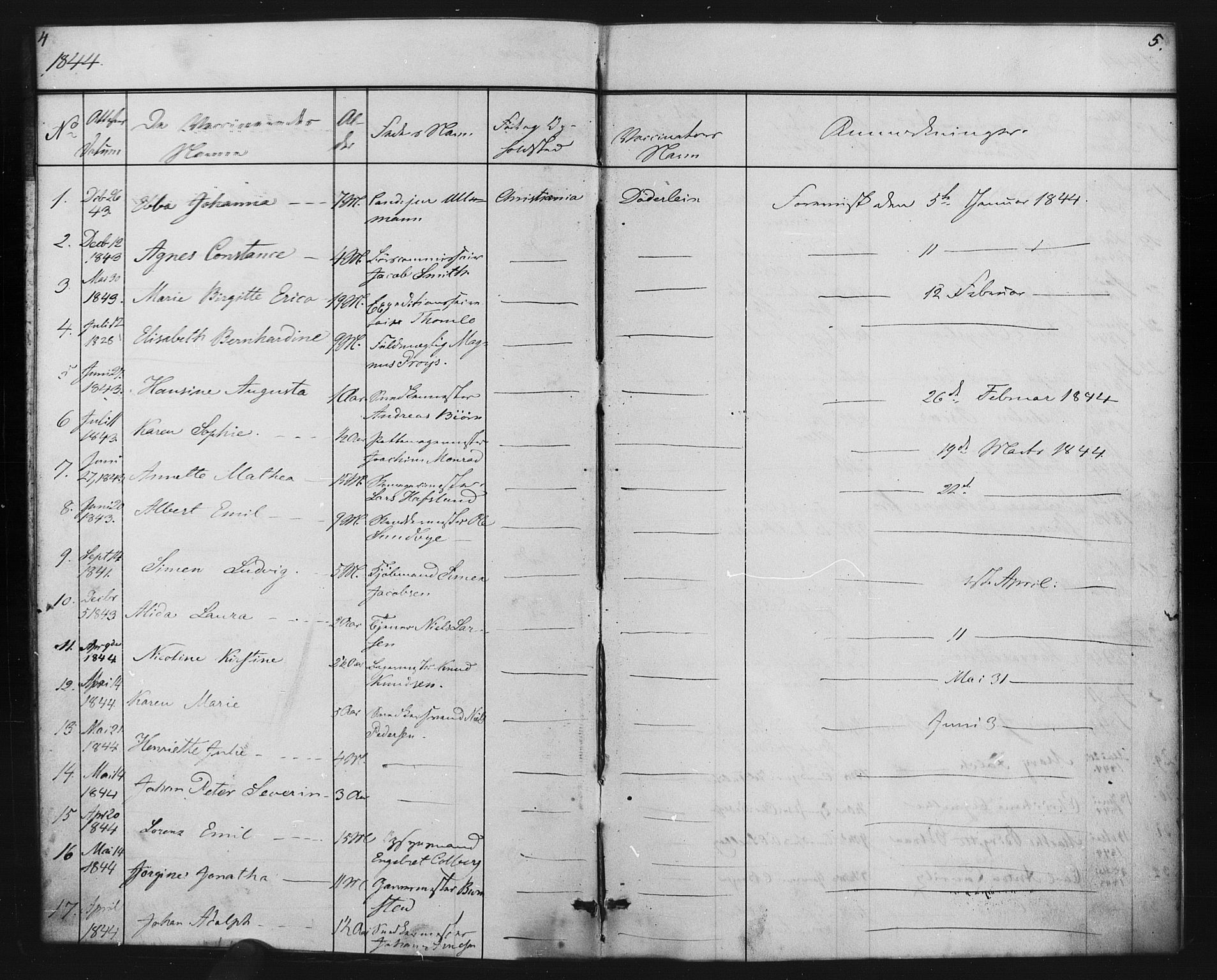 Oslo domkirke Kirkebøker, SAO/A-10752/L/Lb/L0001: Vaccination register no. 1, 1843-1868, p. 4-5