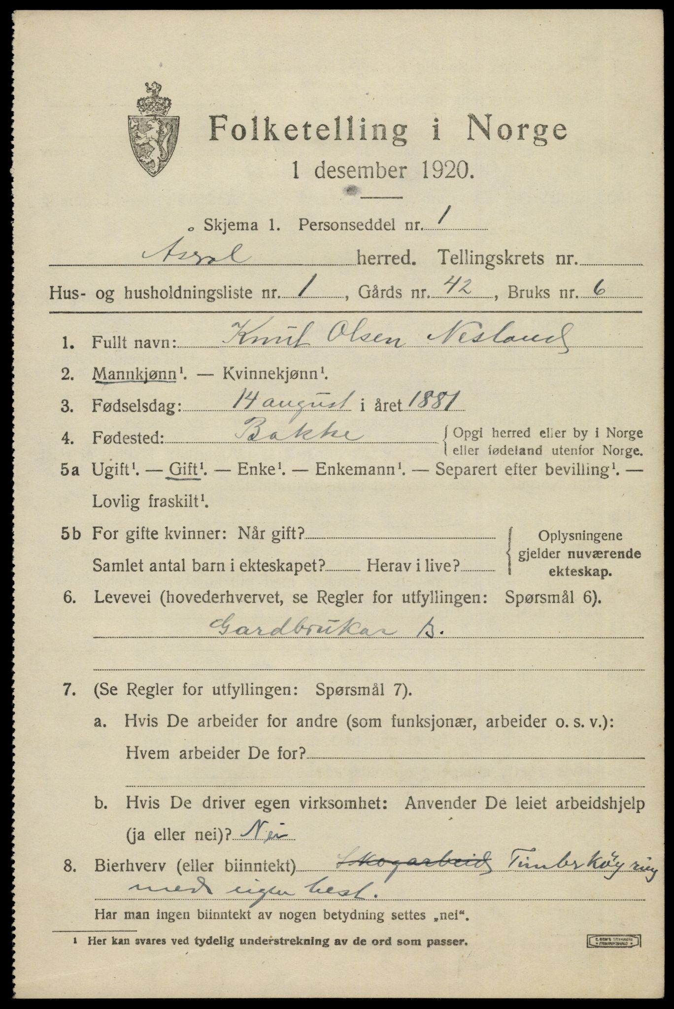 SAK, 1920 census for Åseral, 1920, p. 516