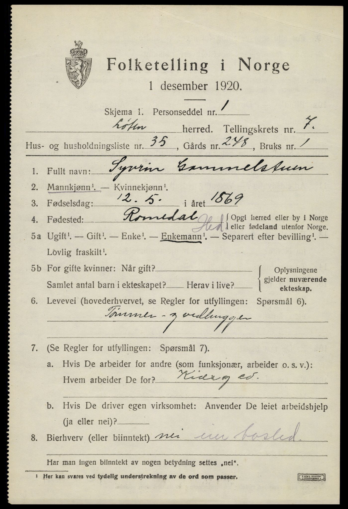 SAH, 1920 census for Løten, 1920, p. 14229