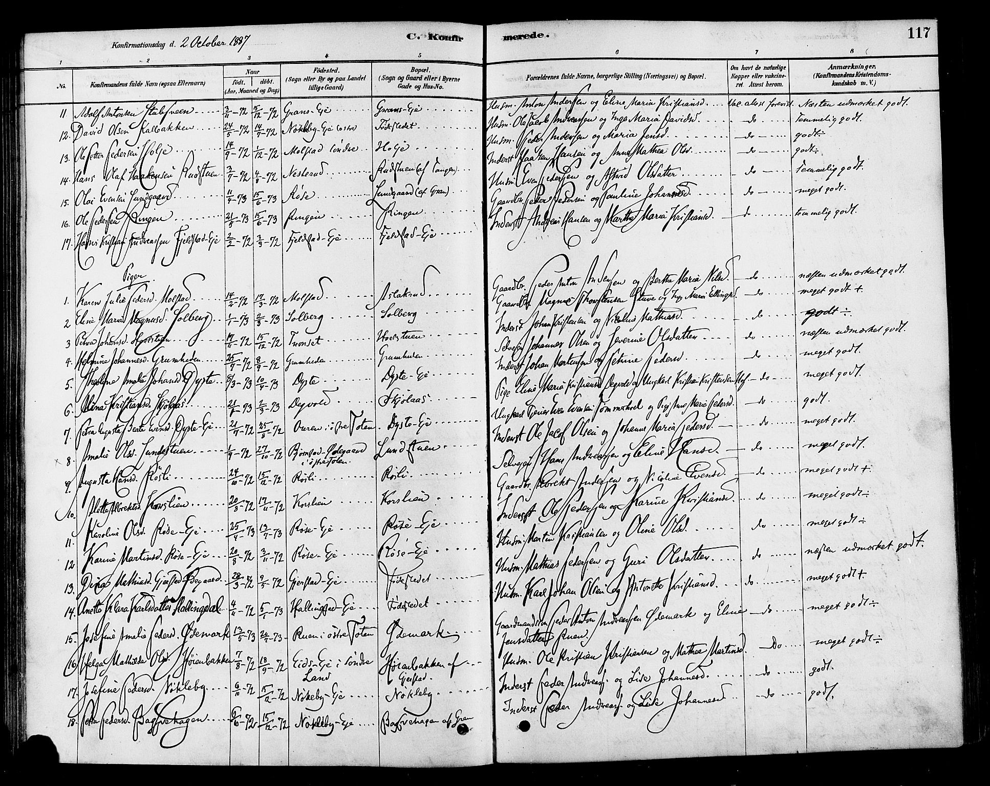 Vestre Toten prestekontor, SAH/PREST-108/H/Ha/Haa/L0010: Parish register (official) no. 10, 1878-1894, p. 117