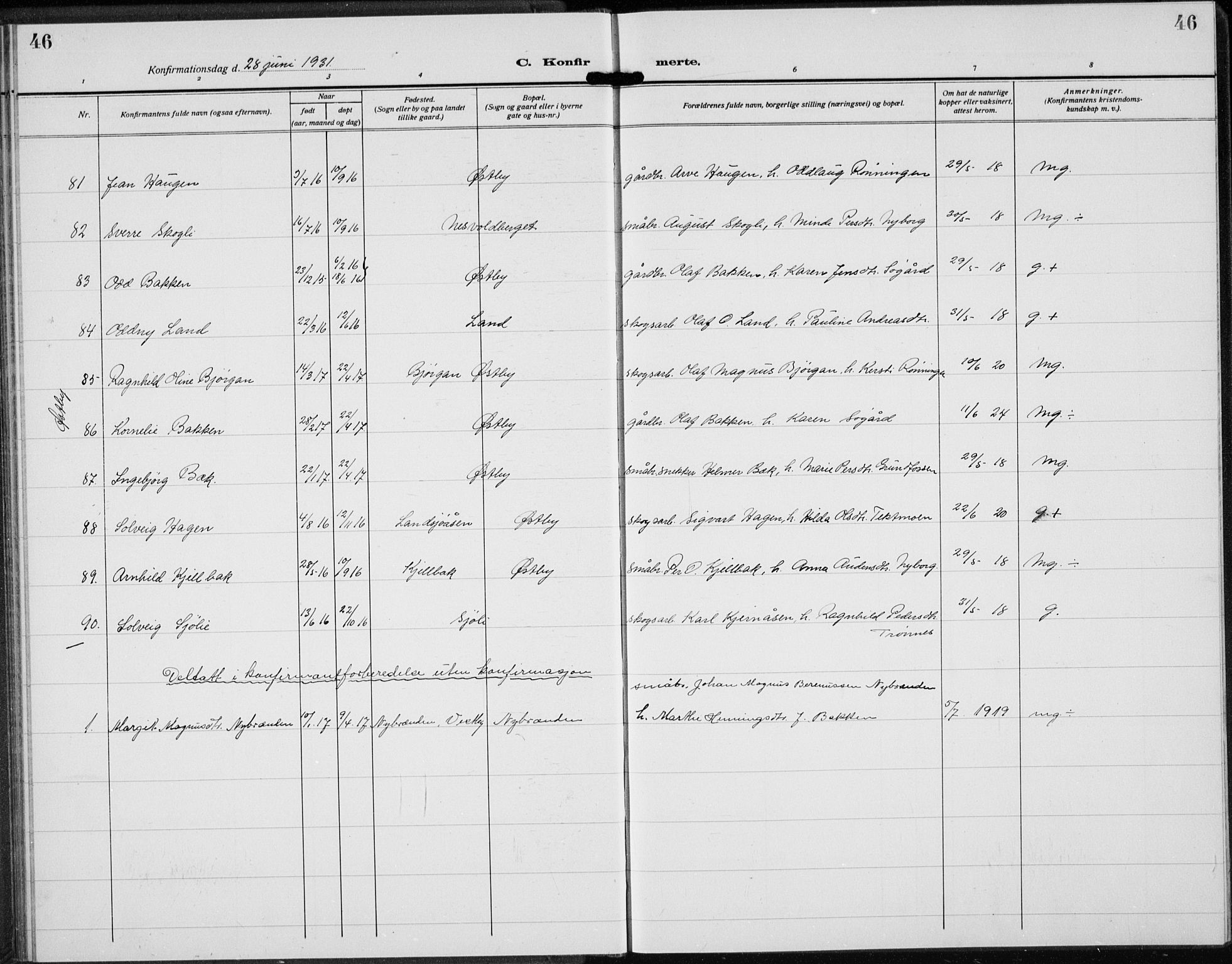 Trysil prestekontor, AV/SAH-PREST-046/H/Ha/Hab/L0010: Parish register (copy) no. 10, 1917-1937, p. 46