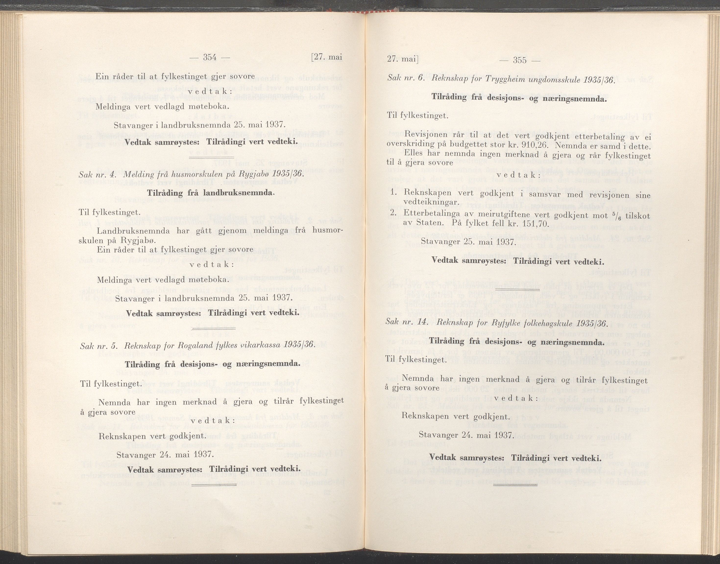 Rogaland fylkeskommune - Fylkesrådmannen , IKAR/A-900/A/Aa/Aaa/L0056: Møtebok , 1937, p. 354-355