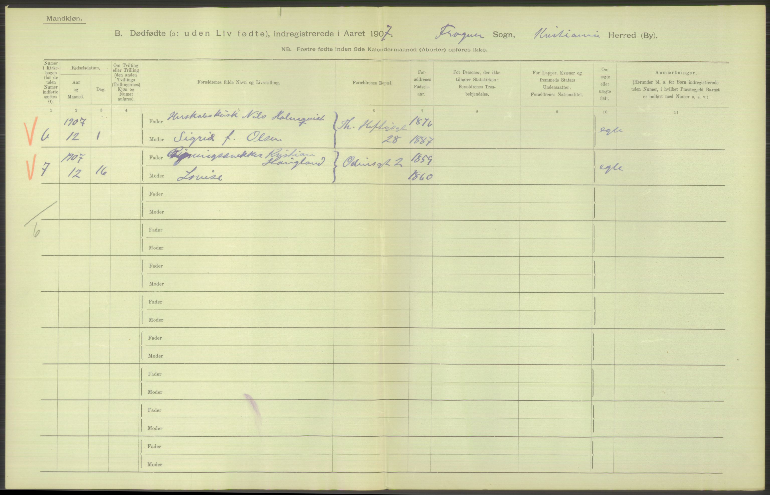 Statistisk sentralbyrå, Sosiodemografiske emner, Befolkning, RA/S-2228/D/Df/Dfa/Dfae/L0010: Kristiania: Døde, dødfødte, 1907, p. 50