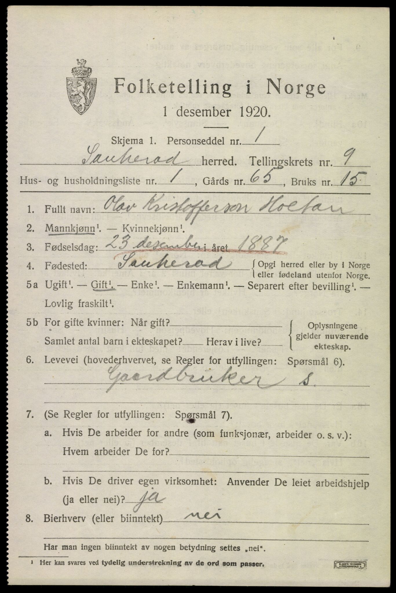 SAKO, 1920 census for Sauherad, 1920, p. 6821