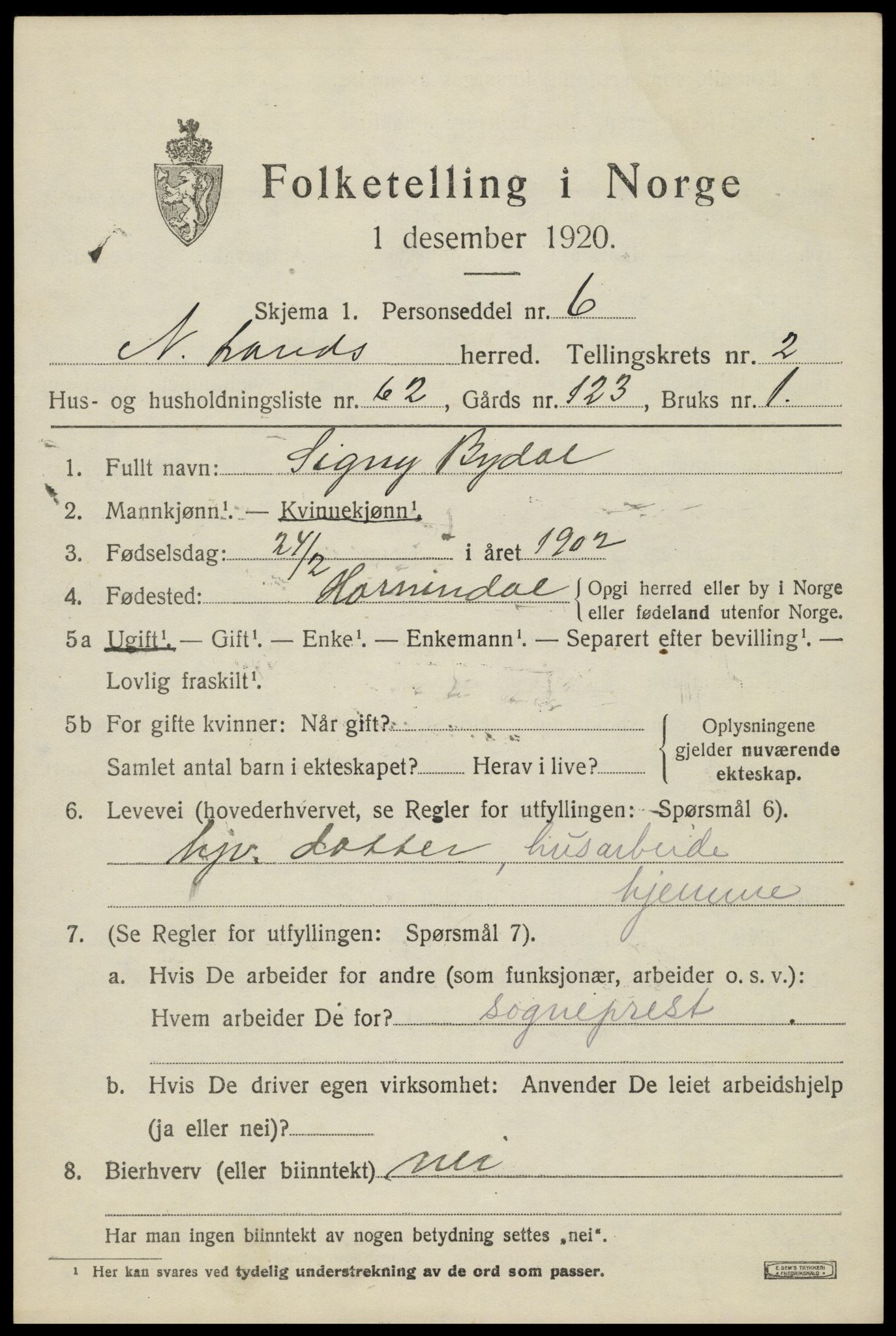 SAH, 1920 census for Nordre Land, 1920, p. 2238