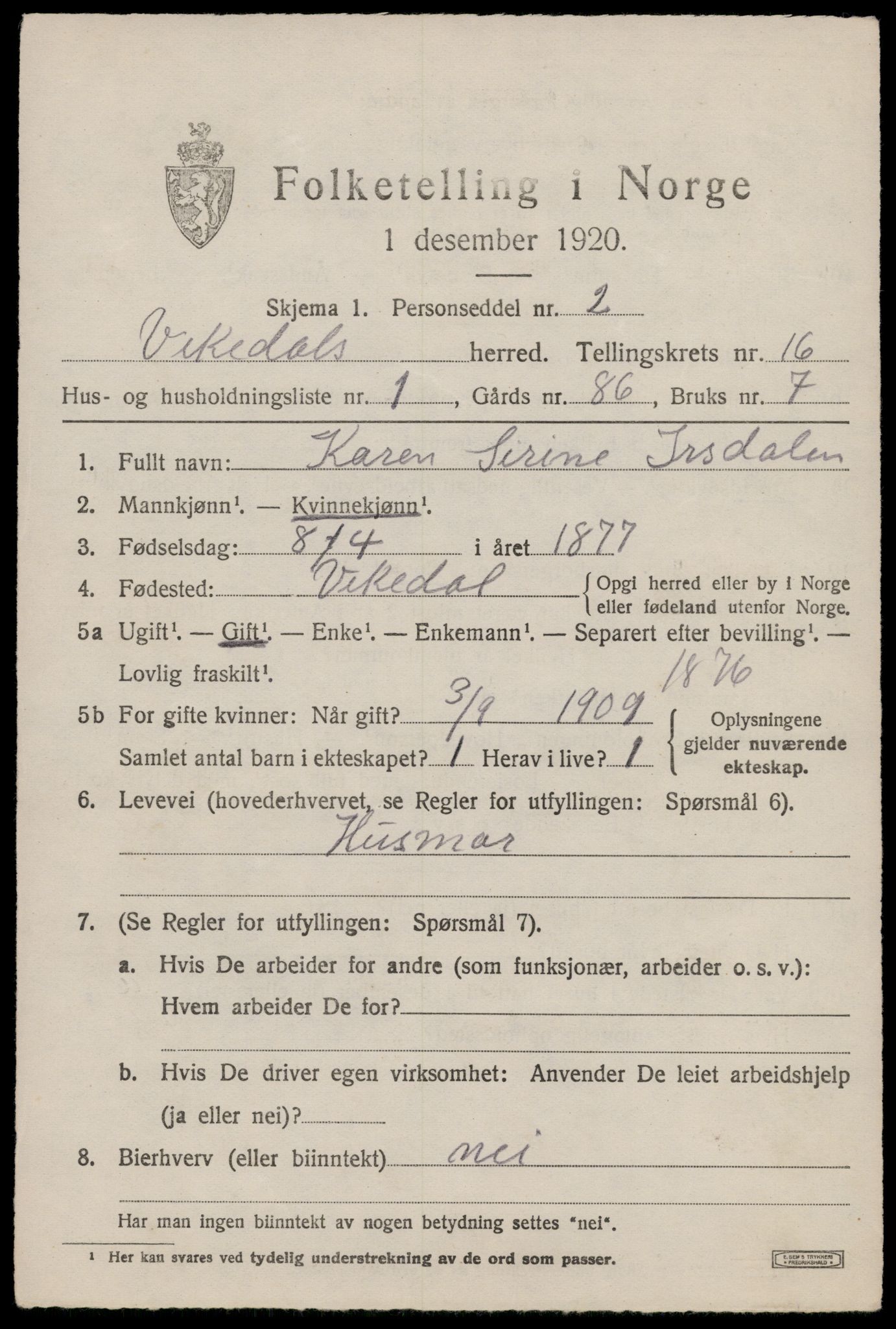 SAST, 1920 census for Vikedal, 1920, p. 4777