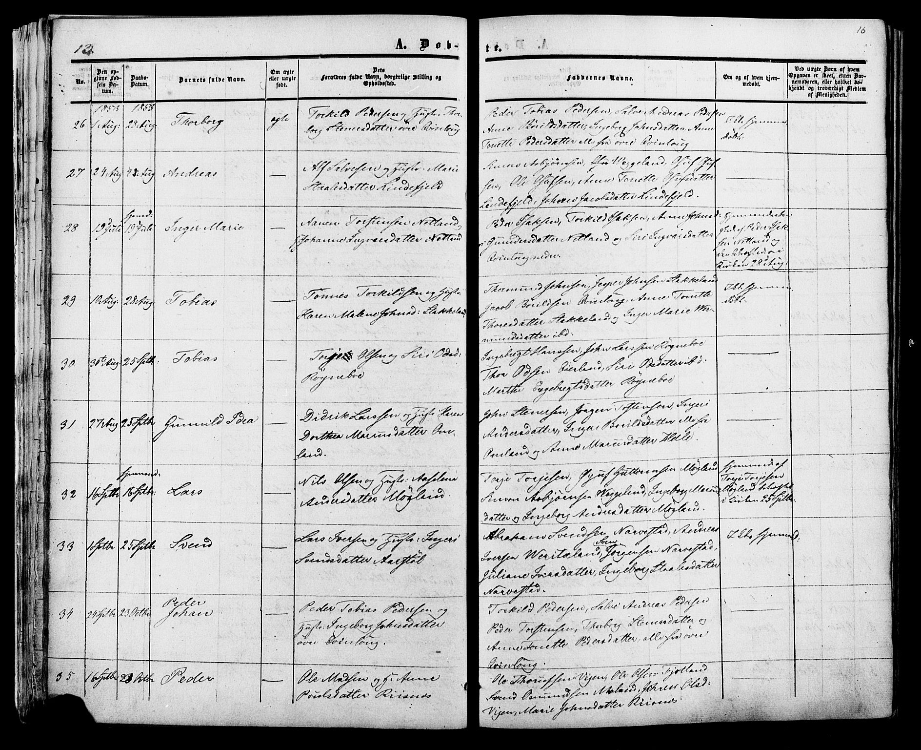 Fjotland sokneprestkontor, AV/SAK-1111-0010/F/Fa/L0001: Parish register (official) no. A 1, 1850-1879, p. 16