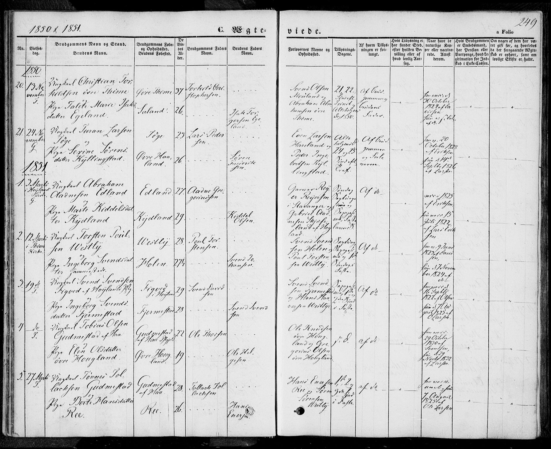 Lye sokneprestkontor, SAST/A-101794/001/30BA/L0006: Parish register (official) no. A 5.2, 1842-1855, p. 249