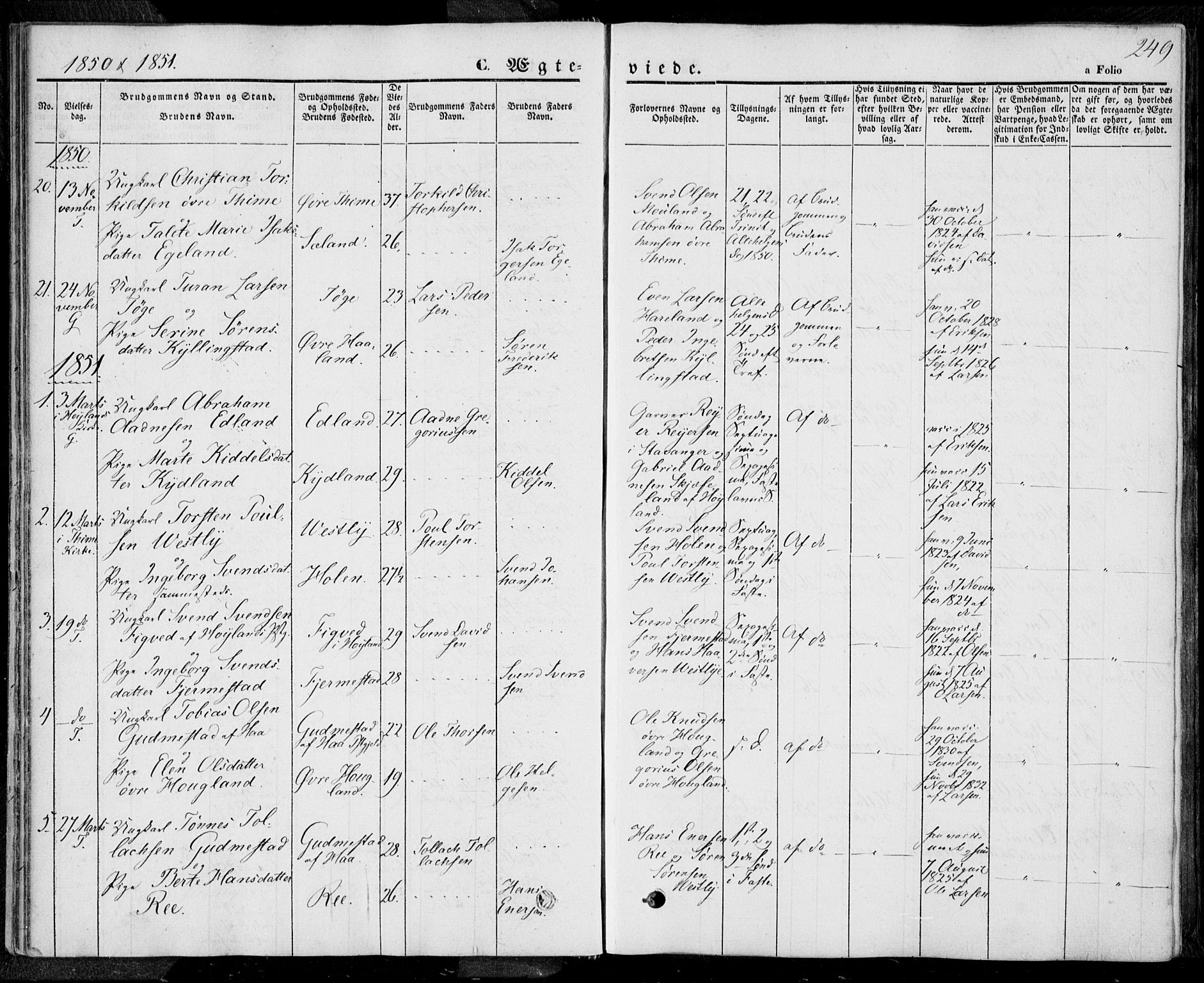 Lye sokneprestkontor, AV/SAST-A-101794/001/30BA/L0006: Parish register (official) no. A 5.2, 1842-1855, p. 249